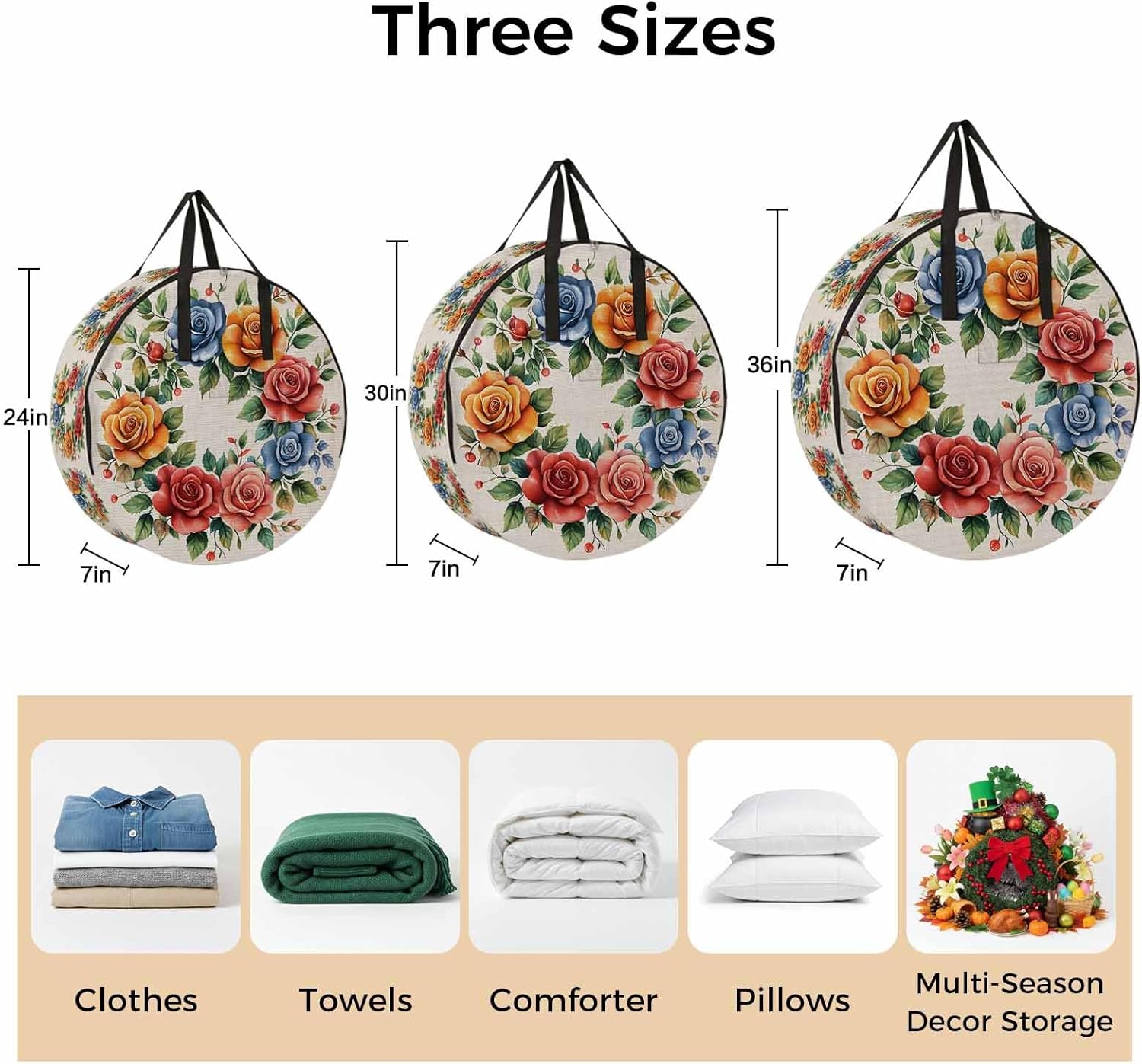Rose Wreath Round Storage Bag 30 Inch, Spring Floral Watercolor Plant Retro Clothes Storage Container with Handles Heavy Duty Organizer for Comforter, Bedding & Holiday Wreaths