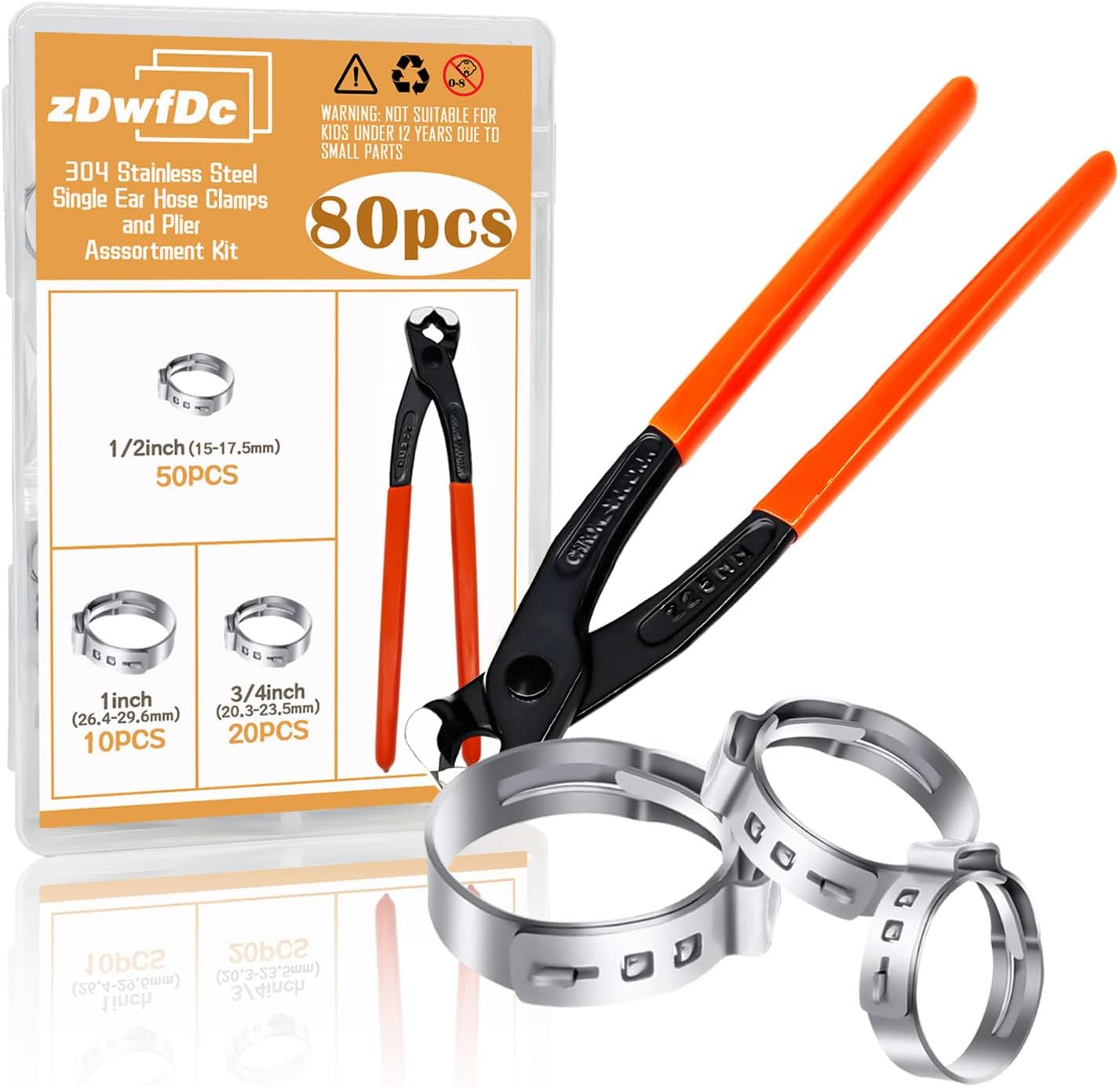 80PCS 3 Size Single Ear Hose Clamps Stainless Steel with Ear Clamp Pliers, 1/2'', 3/4'', 1'' Stepless Cinch Rings Crim Assortment Kit DD029