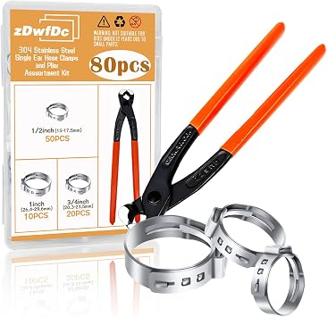 80PCS 3 Size Single Ear Hose Clamps Stainless Steel with Ear Clamp Pliers, 1/2, 3/4, 1 Stepless Cinch Rings Crim Assortment Kit DD029
