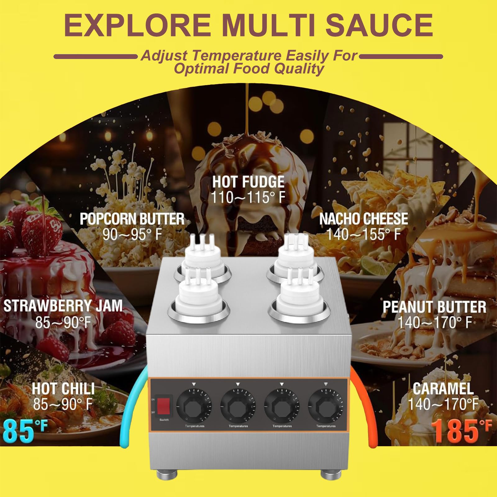 Calentador de Queso Nacho Comercial, máquina para Calentar Chocolate con 4 Botellas, dispensador de Mermelada y Dulce de Leche Caliente, Temperatura Ajustable de 30 a 85 ℃, 220 V