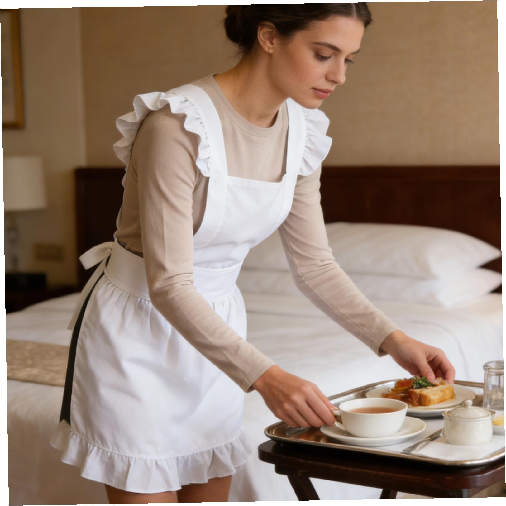 TOYANDONA Grembiule da Cameriera Bianco da Donna con Tasche Regolabile 79,3 X 40 Cm, Grembiule da Servizio Retrò per Ristorante, Cucina e Pasticceria