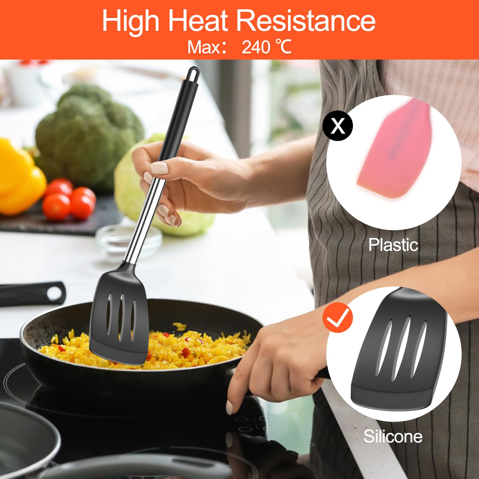 Avesteir 2 Piezas Espatula Silicona, Espátulas de Cocina Antiadherente Resistente al Calor 35cm, Espátulas de Silicona con Núcleo Acero Inoxidable, Utensilios de Cocina para Hornear Tortitas (Negro)