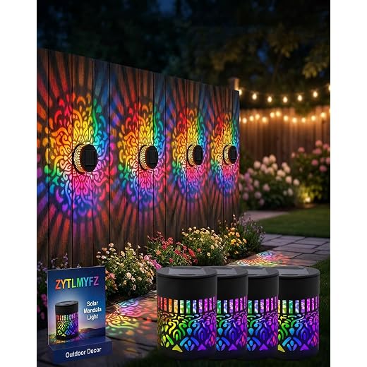 Solar Mandala Lights Outdoor Wall Powered Projector Light Decorative Projection Color Changing Seven-Color Ambient Glow Metal Hollow Iron Waterproof Garden Fence Patio Yard Mounted(4pcs)
