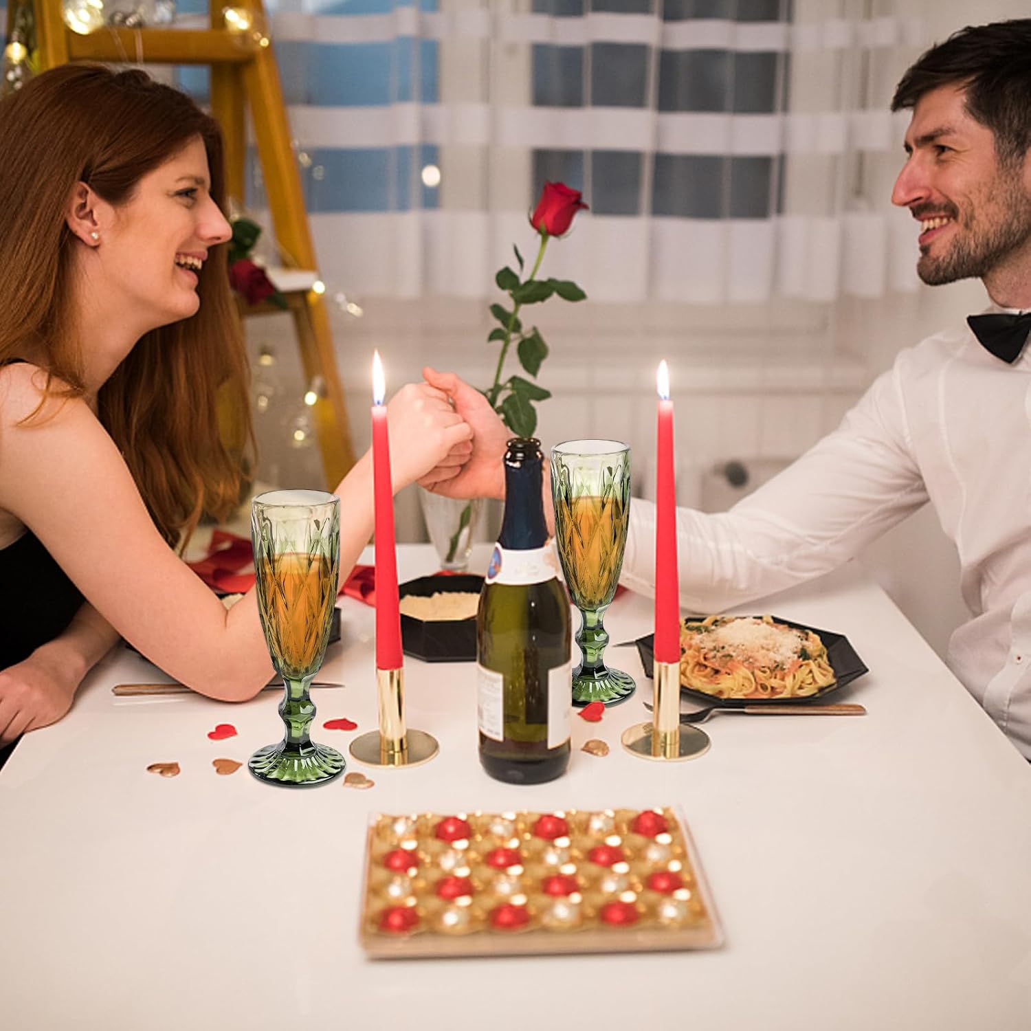 Kawlity 6Pcs Vintage Green Champagne Flutes, Glass Wine Glasses Set, Drinking Goblet Glasses Wedding Glassware for Christmas, New Year, Birthday, Parties, Anniversary(5 OZ) - Image 5