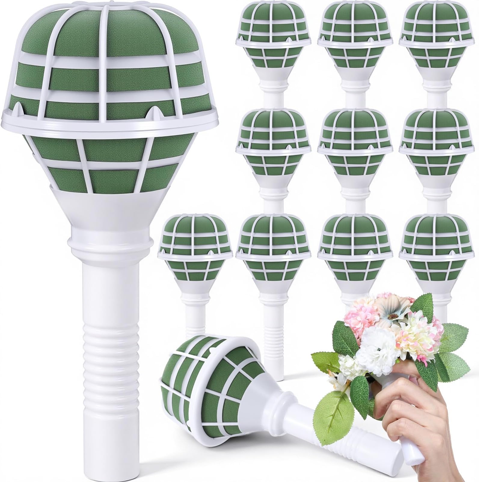 Afcabakila 12 Pack Floral Foam Bouquet Holders, Green Wedding Bouquet Handle for Artificial Fresh Flowers, DIY Floral Arrangement Gardening Supplies, 3.14 x 7.1 Inch