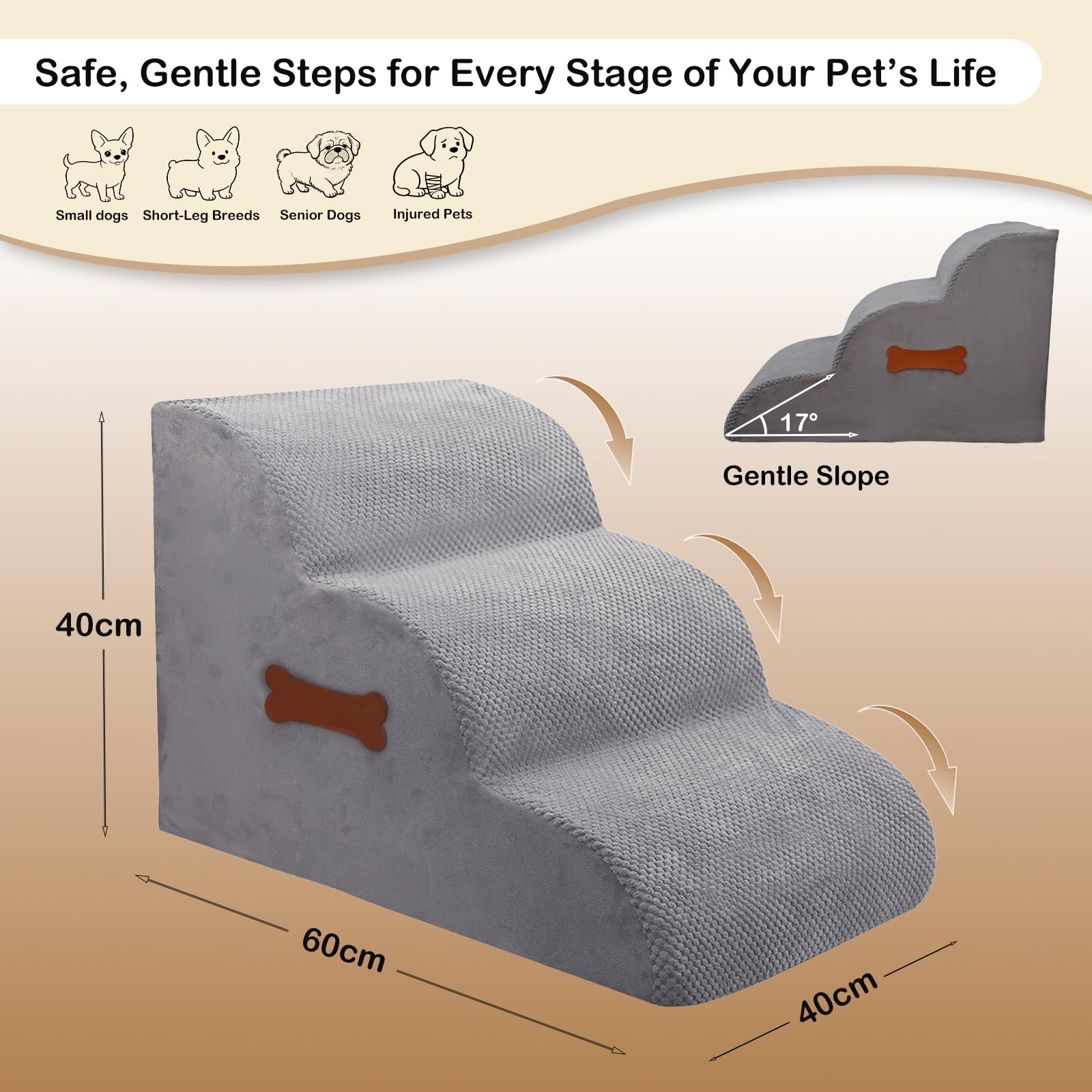 Scaletta per cani di piccola taglia, 3 gradini, per letto e divano, altezza 40 cm, per cuccioli, gatti e anziani, antiscivolo, con manico in osso, grigio