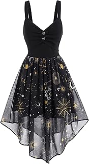 Women's Vintage Chiffon Sun Moon Star Sleeveless A-Line High Low Dress - Buy now