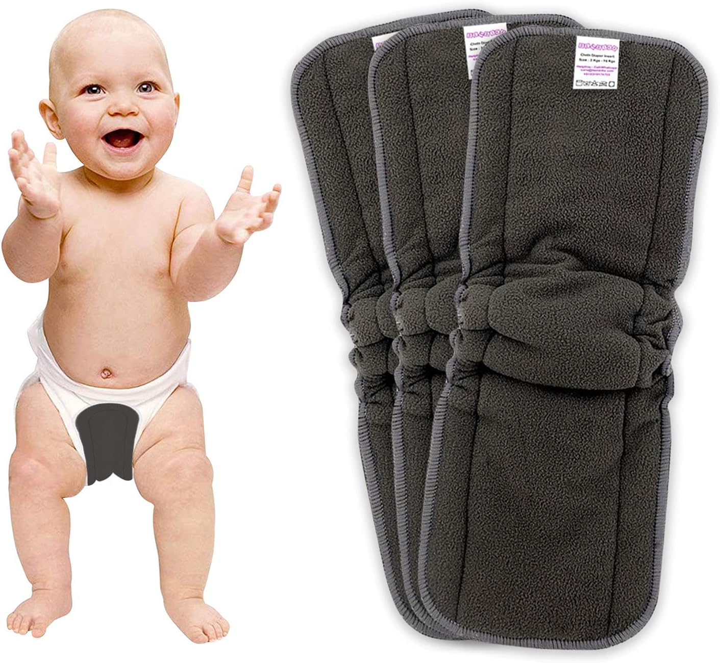 Bembika 5 Layer Bamboo Charcoal Inserts with Gussets Liners Natures Cloth Diaper Liner, Wetfree Reusable Washable Cotton Diaper Nappy Inserts for Baby Cloth Diapers (Set of 3)