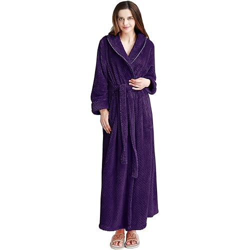 Womens Robe Long Fleece Bathrobe Warm Waist Belt Super Soft Spa Plush Full Length Bath Robe with Shawl Collar Pockets