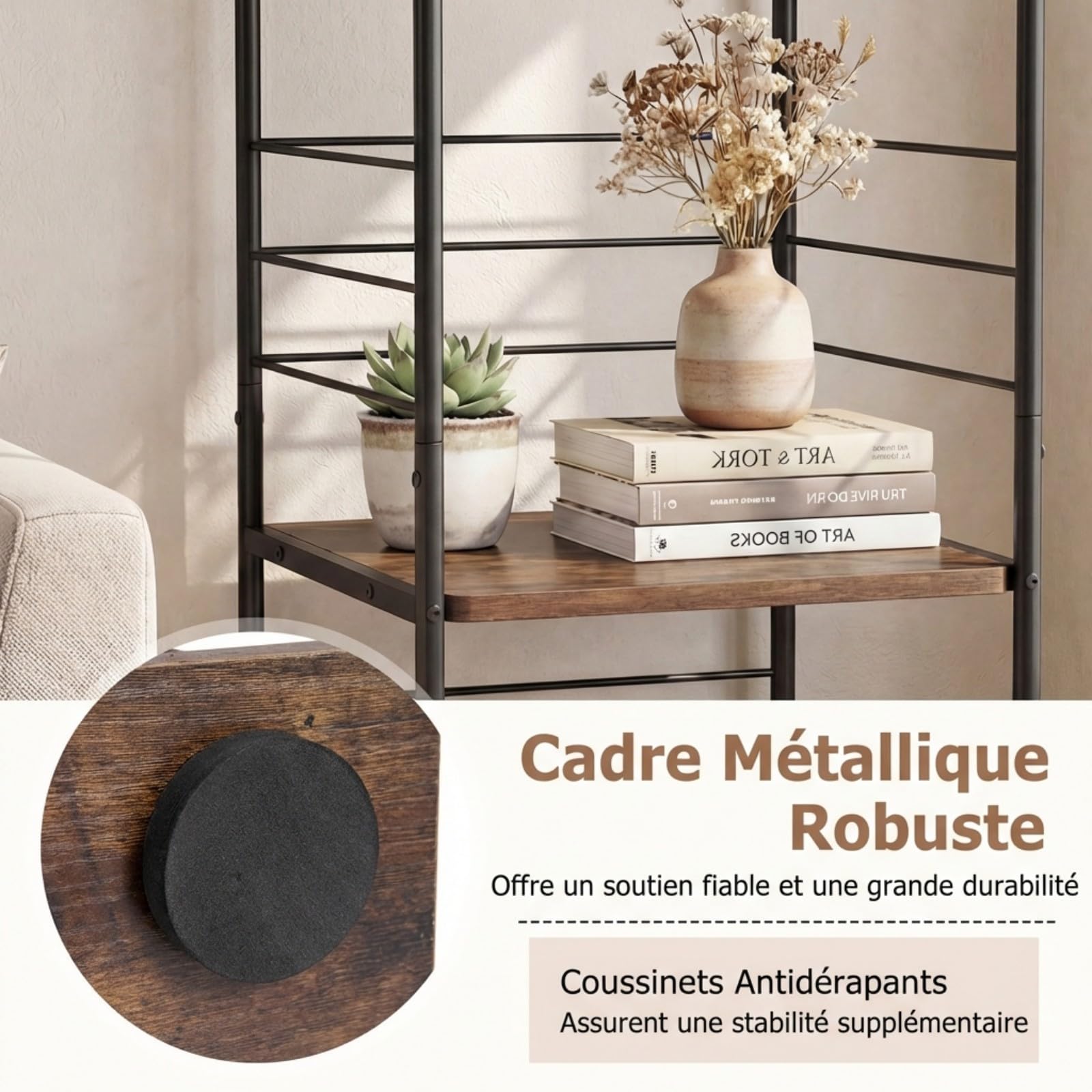 COSTWAY Meuble Rangement Vinyle à 4 Niveaux pour Disques Vinyles, Support Platine Vinyle pour Jusqu’à 210 Albums, Pivotant 360°, Meuble Tourne-Disque Vinyle en Métal, pour Salon (Marron Rustique)