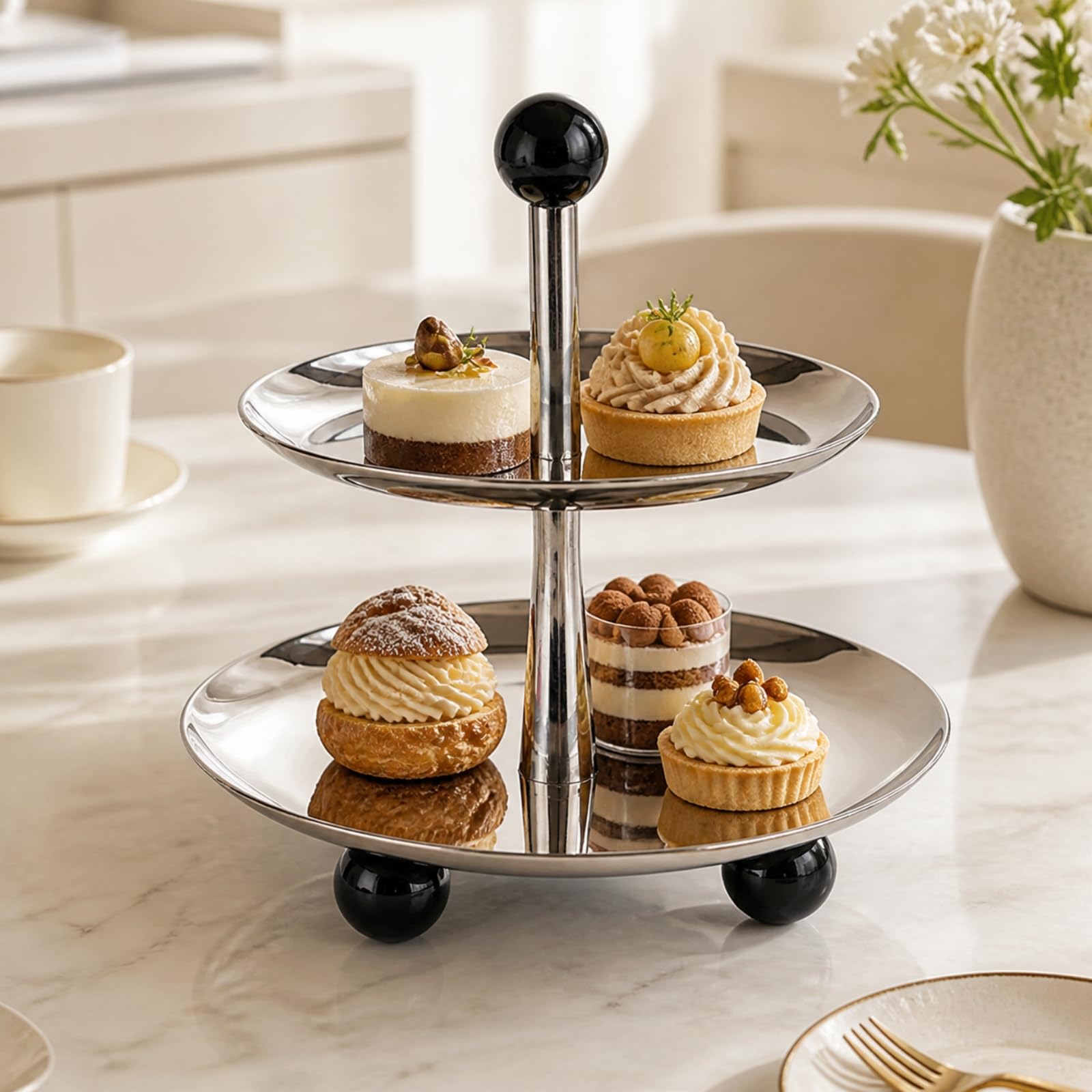 Expositor Frutas y Postres Metal Reflectante Estante Vertical con Dos Banjas Redondas Versátil para Buffet