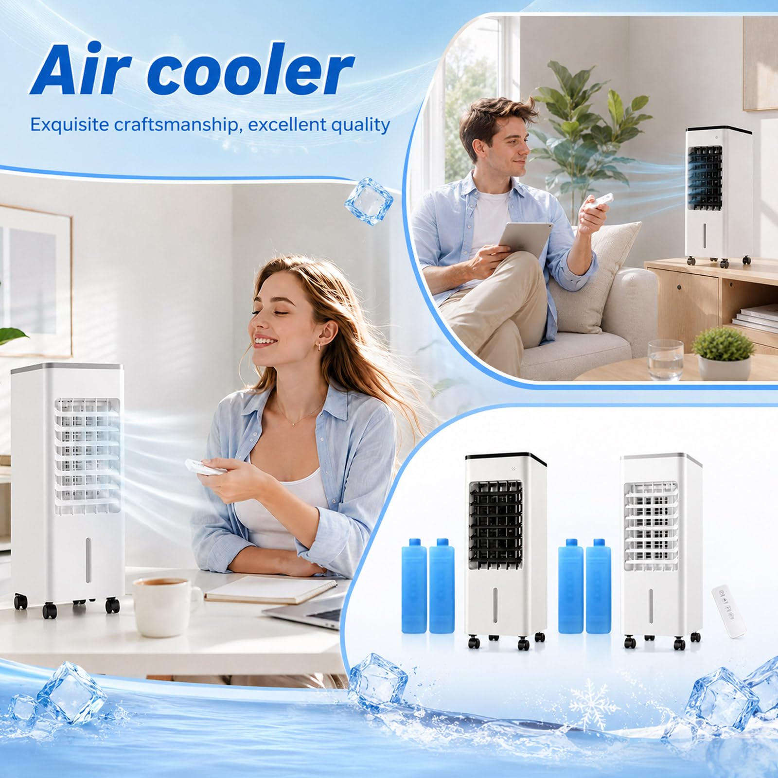 Mobile Klimaanlage ohne Abluftschlauch, Ventilator mit Wasserkühlung, Tragbare Klimagerät leise, Luftkühler mit Wasser, Portable Air Conditioner, Verdunstungskühler, Evaporative Air Cooler, Weiß