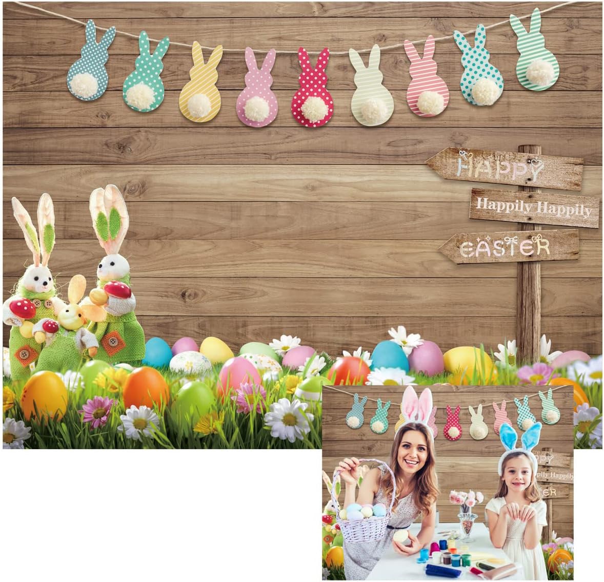 DHXXSC10X8FT Spring Happy Easter Theme Photography Backdrop Rustic Wood Wall Background Bunny Colorful Plumeria Flowers Baby Kid Portrait Party Decoration Banner Photo Booth Studio DH-174
