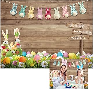 DHXXSC 7X5FT Easter Party Background Easter Decorations Easter Backdrops Photography Banner Bunny Grassland Rustic Wood Background Eggs Easter Spring Party Decorations DH-174
