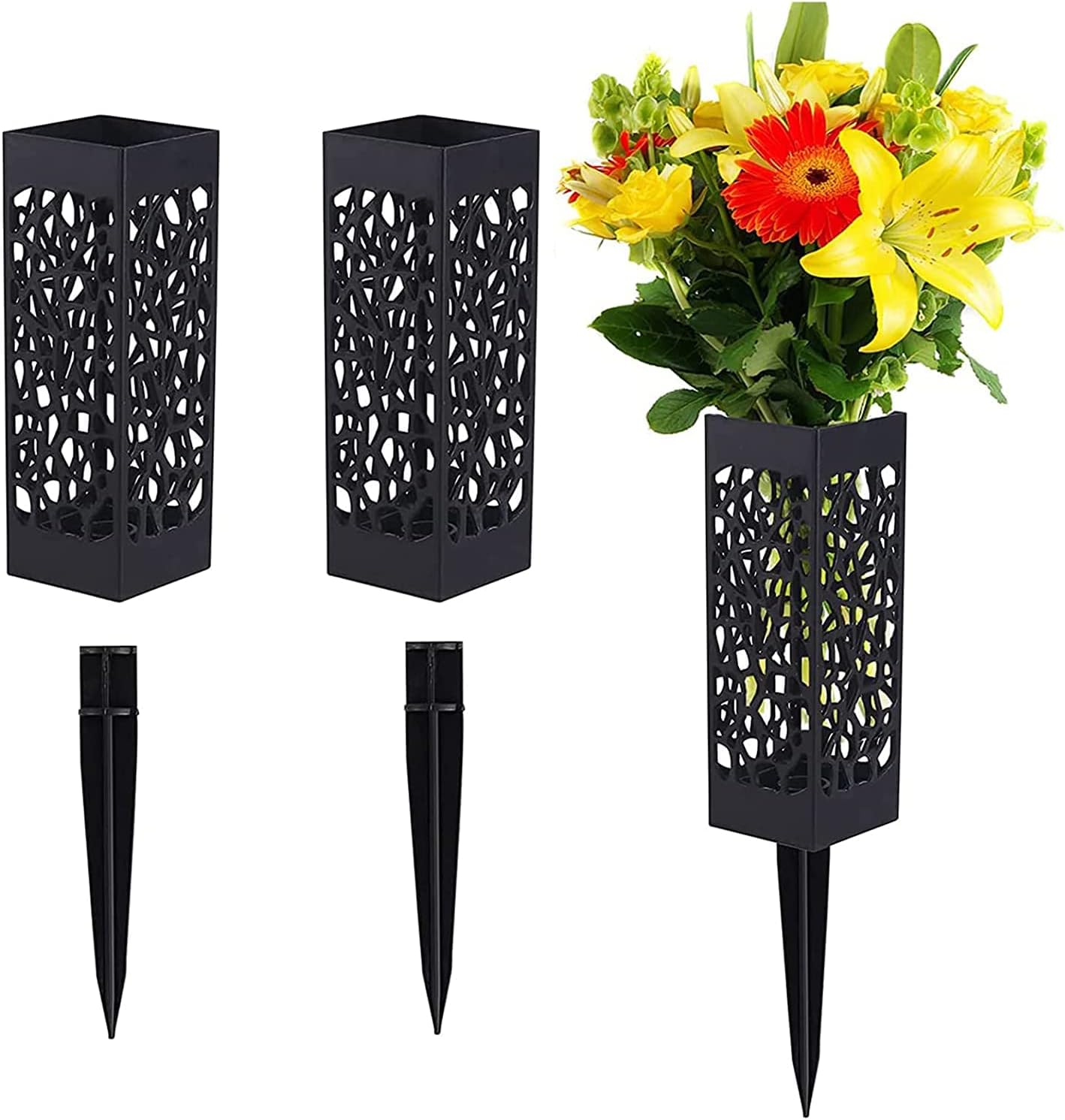 2 Pcs, Grave Flower Holders, Cemetery Vase for Fresh/Artificial Flowers, Grave Decorations 7""Plastic Rectangle Vases with 5"" Detachable Long Spike | Black
