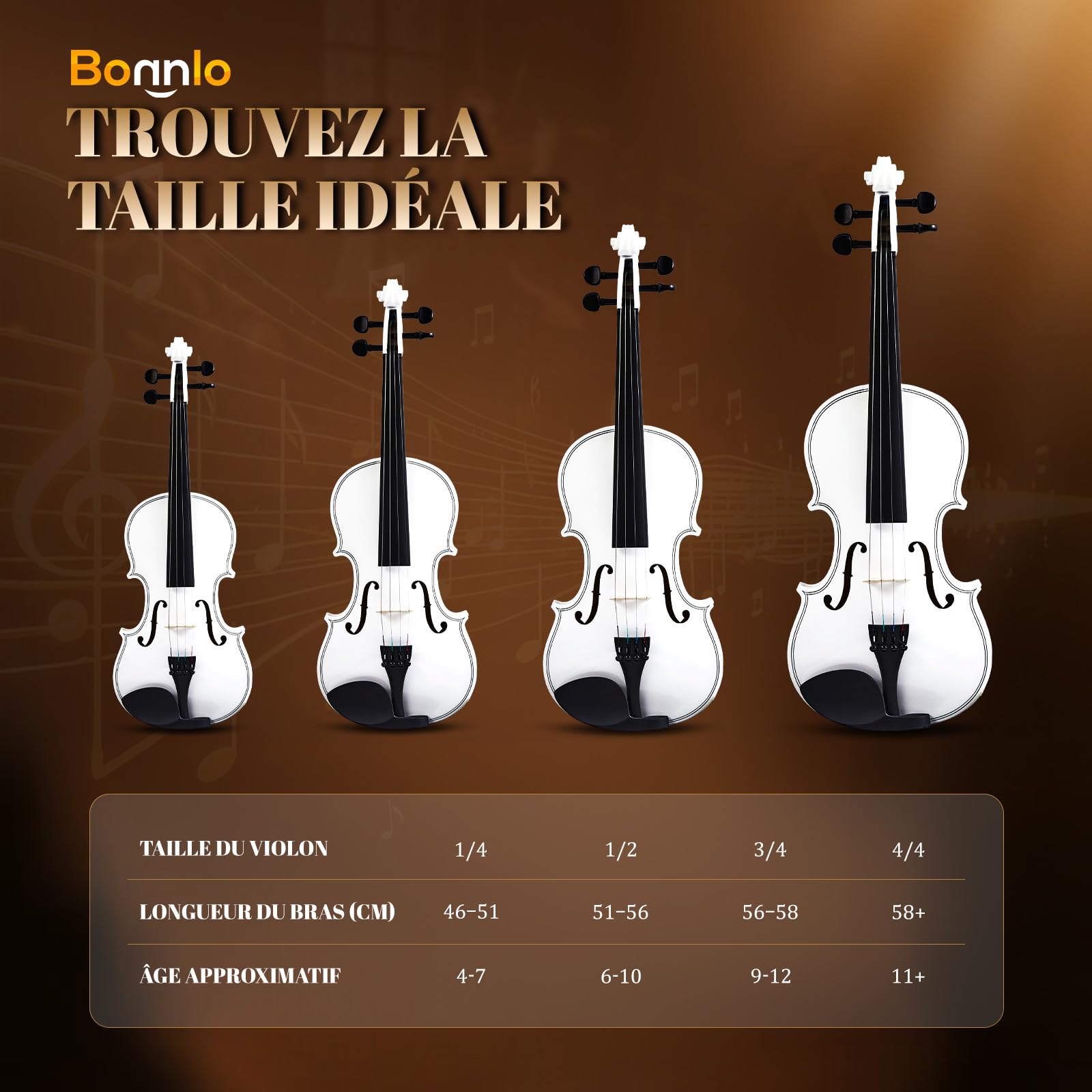 Bonnlo Violino per Bambini e Principianti, Misure 1/4, 1/2, 3/4 e 4/4, Violino in Legno Compensato di Tiglio con Acro in Legno Rosso, Astuccio, Colofonia e Mentoniera, 4/4, Bianco