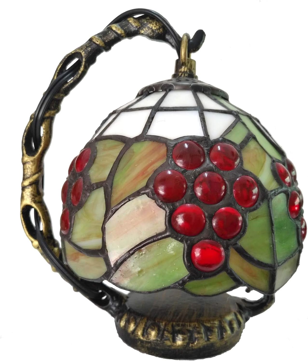 Bieye L10554 Grapes Tiffany Style Stained Glass Mini Table Lamp Night Light for Bedside Living Room, 7-inch Tall