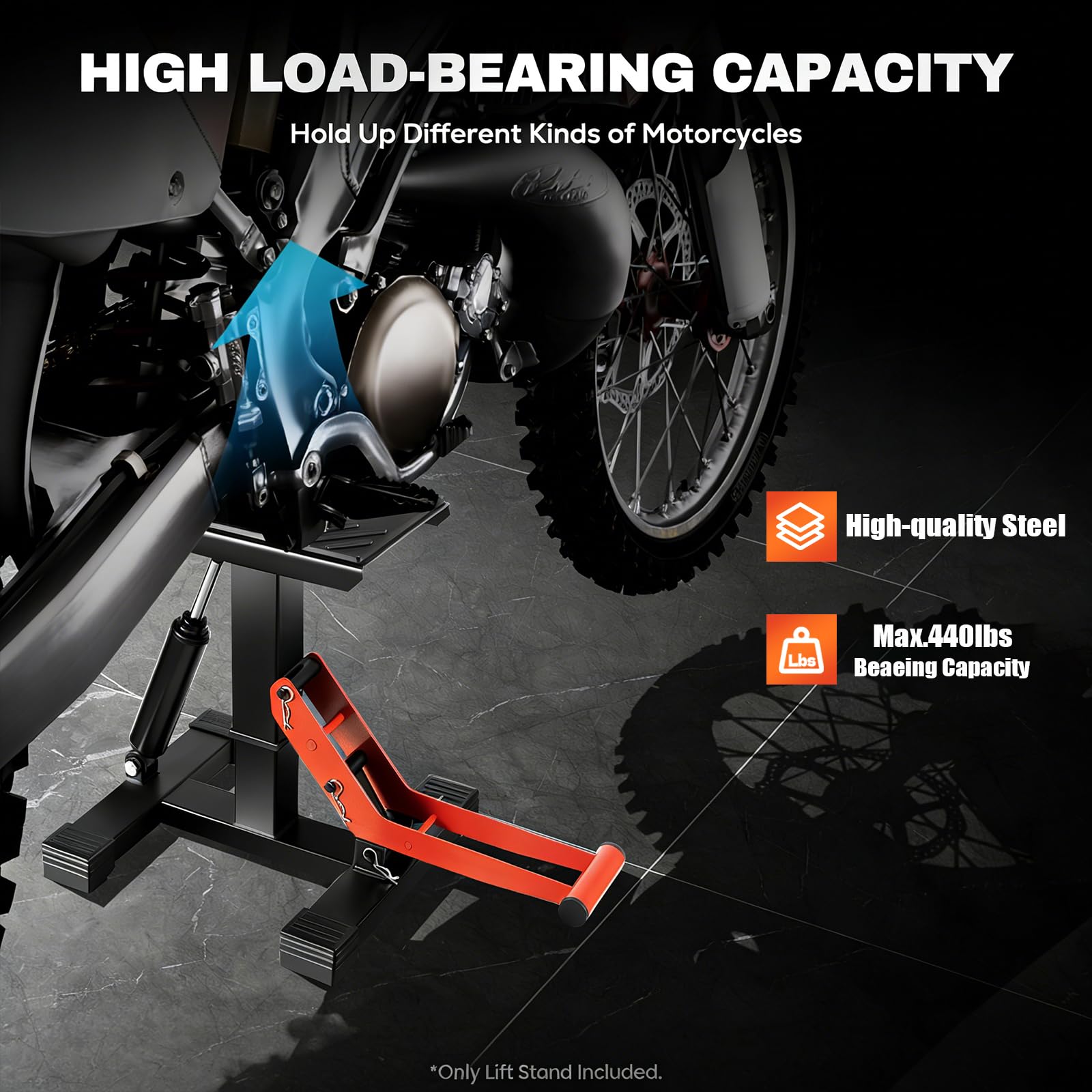 Cavalletto idraulico per motocross, per moto, portata 200 kg, regolabile, in acciaio, nero/rosso