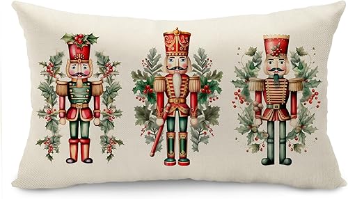 Funda de almohada con texto en inglés "Merry Christmas" de 12 x 20 pulgadas, decoración navideña de cascanueces de invierno, fiestas, decoración