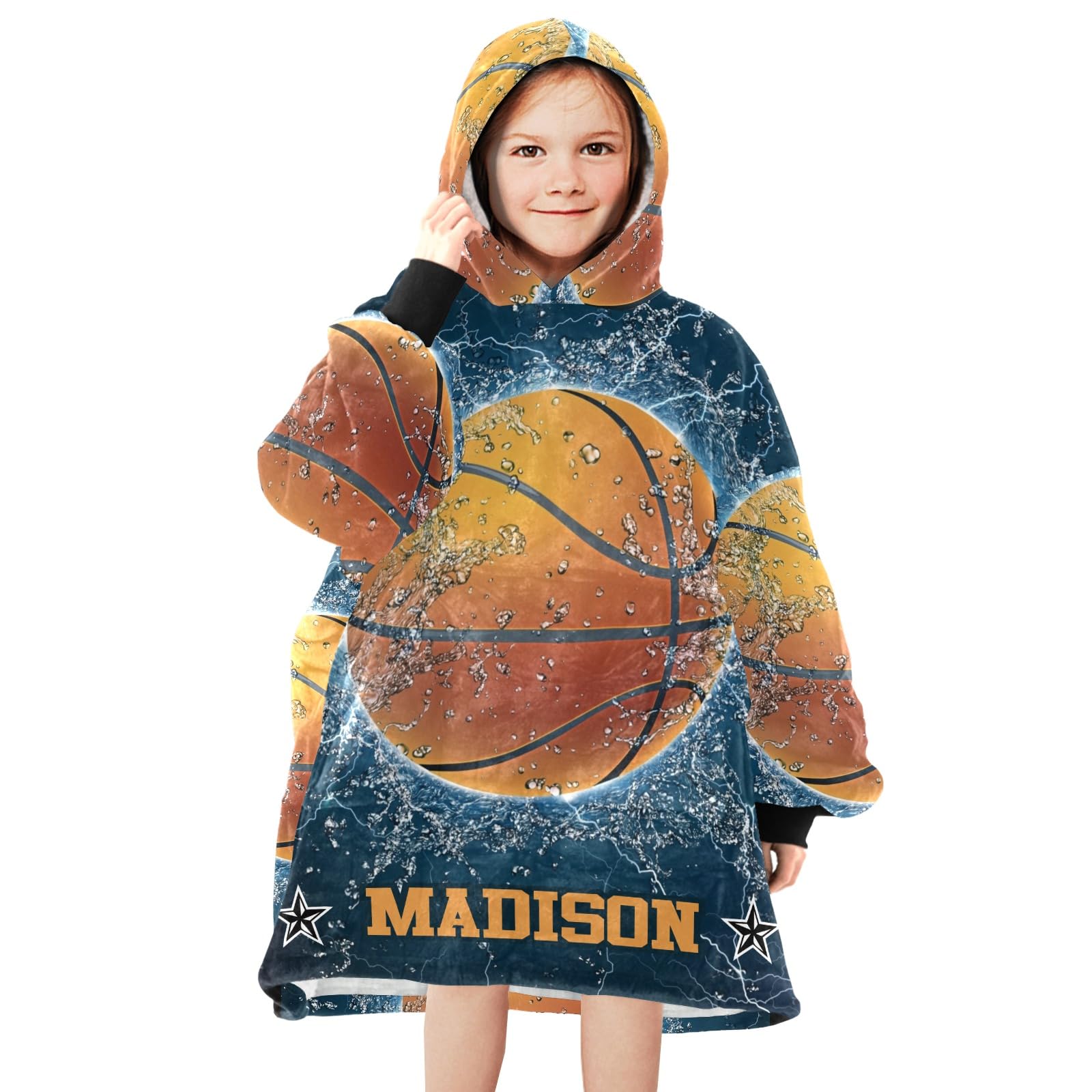 Sherpa Sports Blanket Hoodie Kids Teens,Sport Basketball on Water Custom Oversized Wearable Blanket Sweatshirt Fleece Hoodie Blanket for Boys Girls