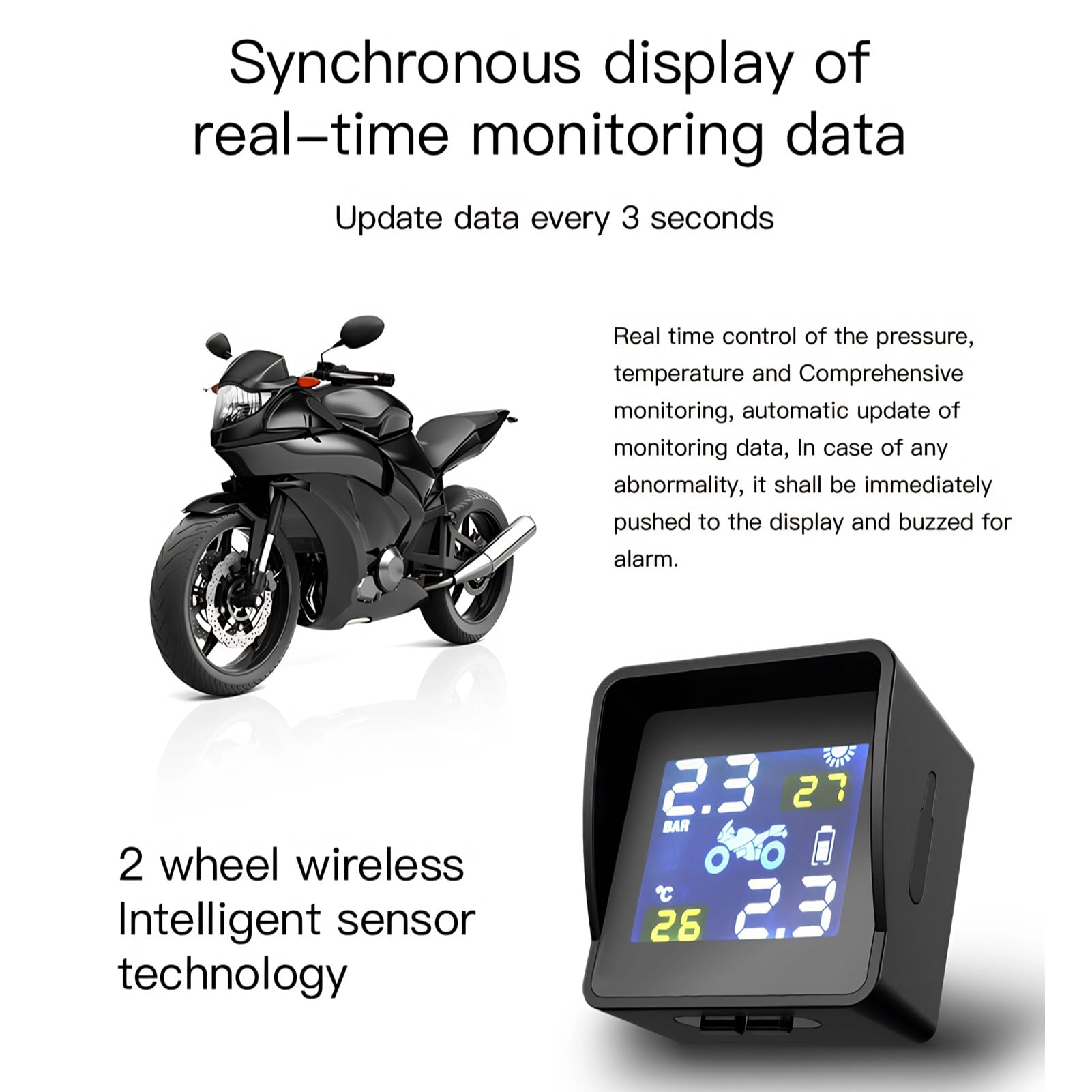 Diyeeni di Monitoraggio della Pressione dei Pneumatici per Moto TPMS Solare, Display LCD con Sei modalità di Allarme, Impermeabile e Durevole per Scooter da Moto
