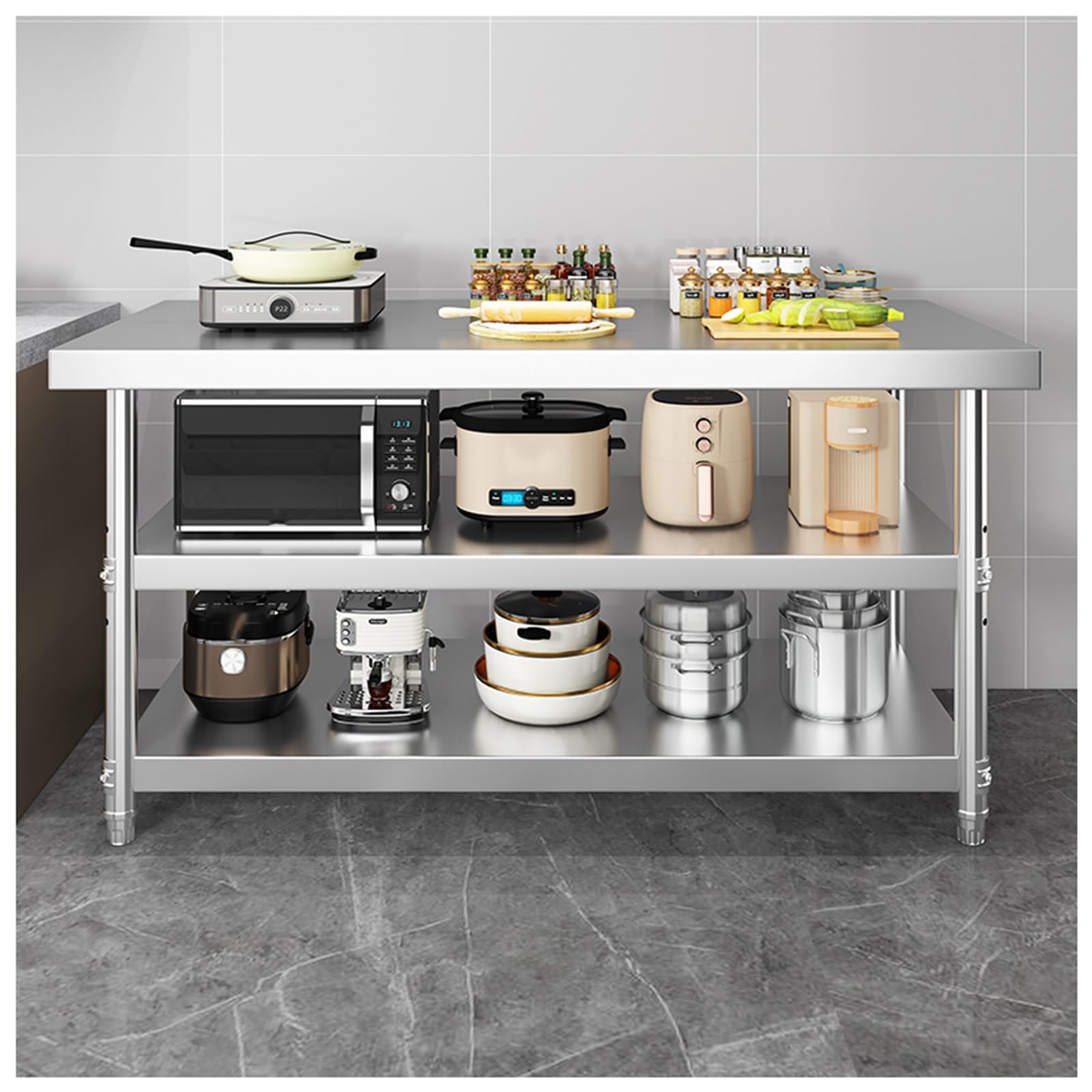 Estante de Acero Inoxidable 304 para Banco de Trabajo Mesa de Cocina Comercial de 3 Niveles para Cortar Verduras con Patas Ajustables Y Mesa de Embalaje para Almacén