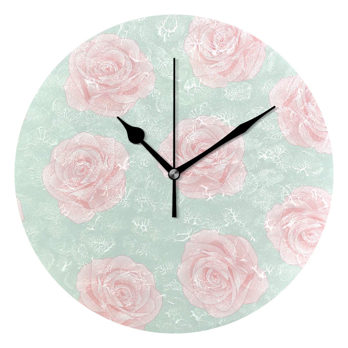 hengpai Pink Rose On Green Mint Personalized Round Wall Clock 9.5 Inch Home Decoration for Bedrooms Living Room