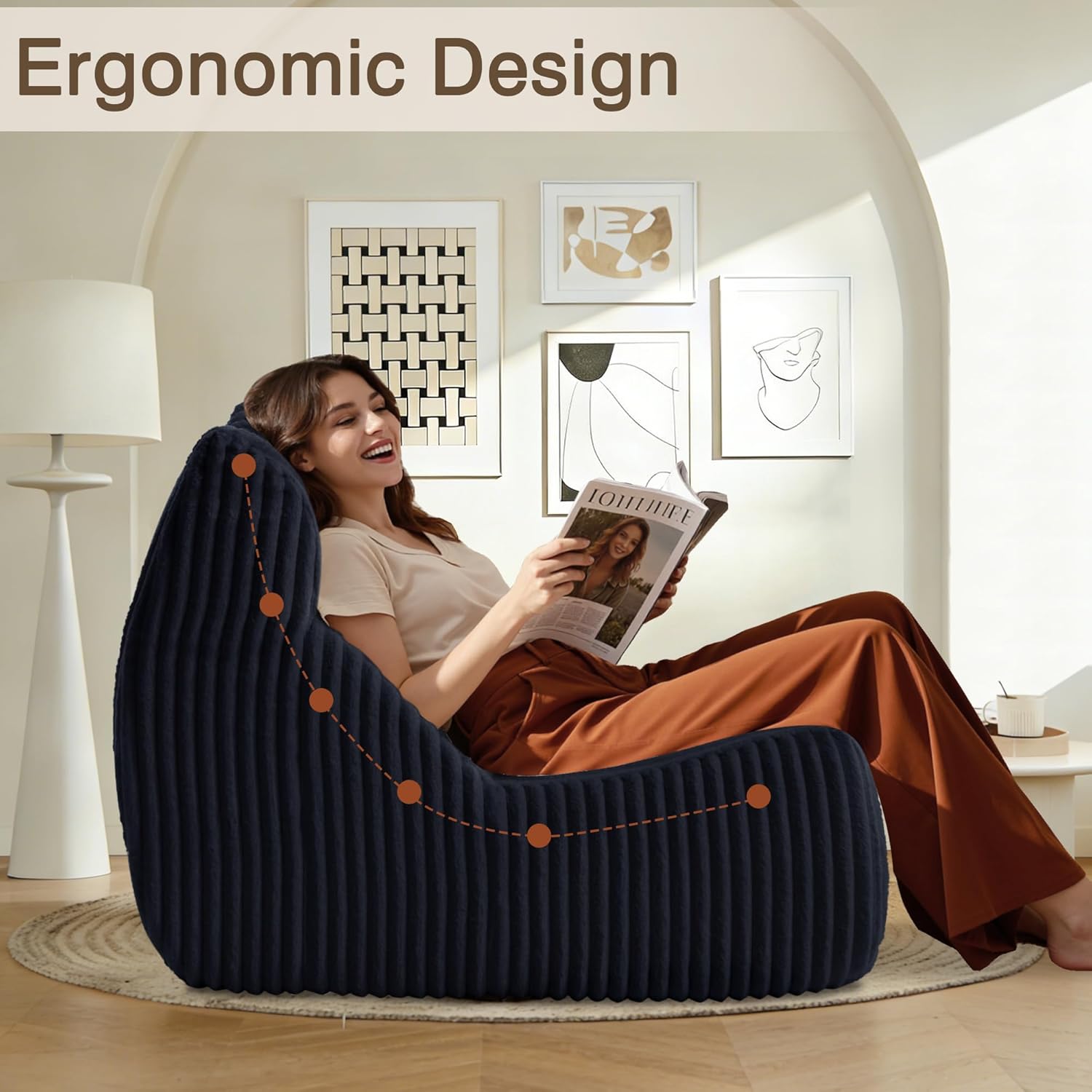 Lazy Floor Sofa, Big Bean Bag Chairs, Fireside Chair for Living Room, Bedroom, Office (Black, Single Seat)
