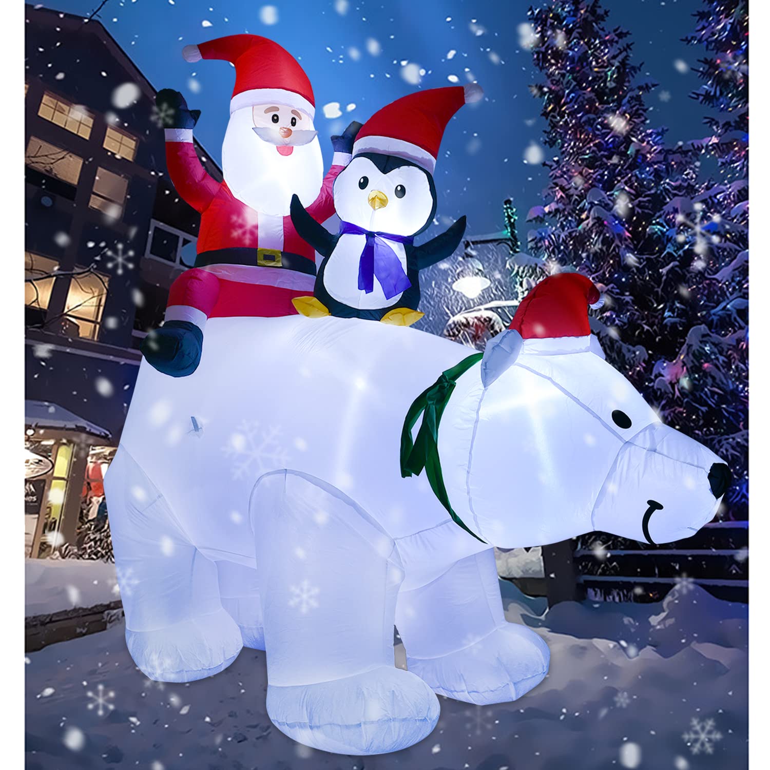 Oso polar de muñeco de nieve inflable iluminado de 8 pies, muñeco de nieve soplado con sombrero y luces LED multicolor integradas para decoración de fiestas de Navidad, patio o jardín