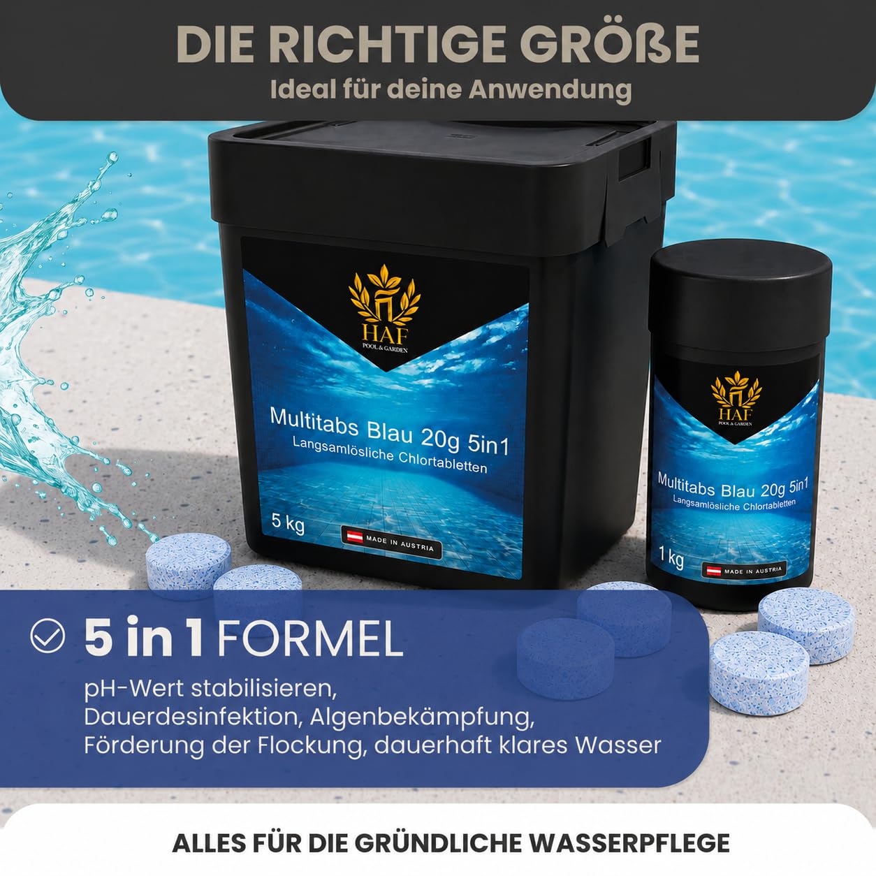 HAF Pool Chlor-Tabletten (1 x 5 kg Eimer) – langsam lösliche Chlortabletten (20g pro Stück) | Chlor Multitabs 5 in 1 für Poolpflege, Desinfektion, Algenvorbeugung & hygienisch klares Poolwasser