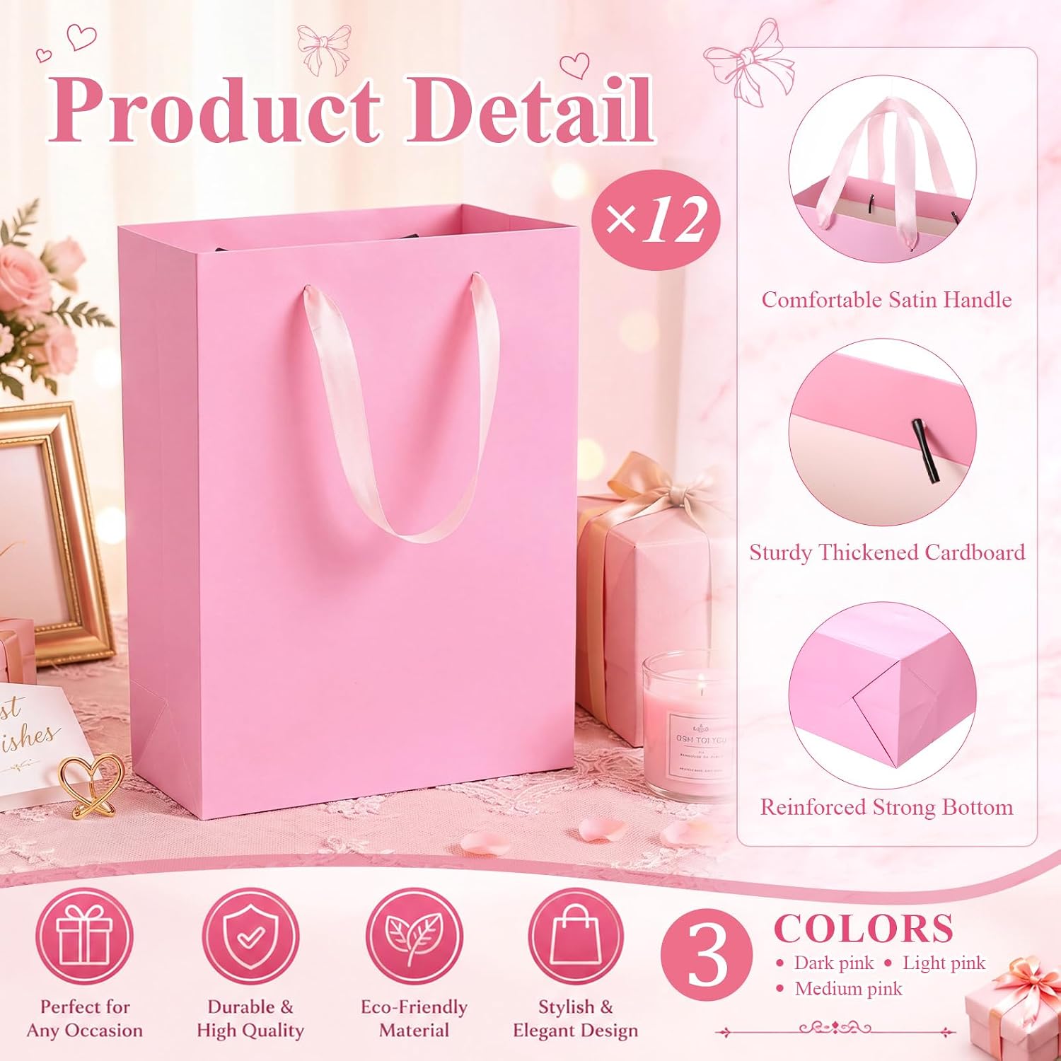 Kolldenn 12 Pcs Gradient Pink Gift Bag with Handle Reusable Party Favor Bag image 4