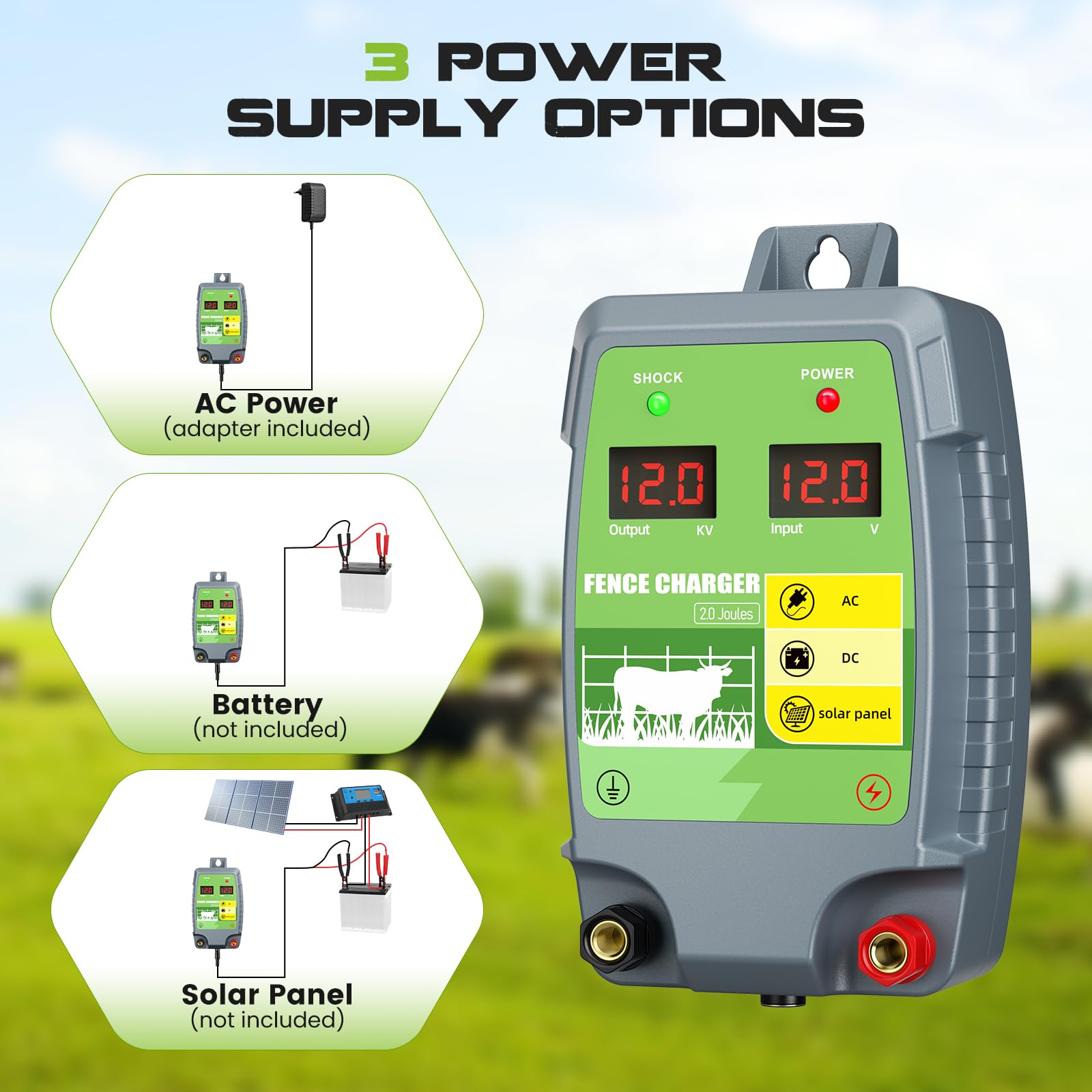 Dispositivo di recinzione elettrica 2J 10 km Gamma di controllo Energizzatore di recinzione elettrica impermeabile con display a LED 3 opzioni di alimentazione per agricoltori, allevatori