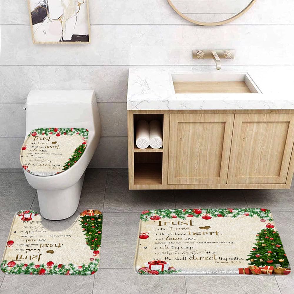 Christmas 3 Pcs Bath Rugs Set,Inspirational Quotes Bible Verse Xmas Tree and Ball Snowflake Winter Holiday Rustic Bathroom Kitchen Rug with 17.8