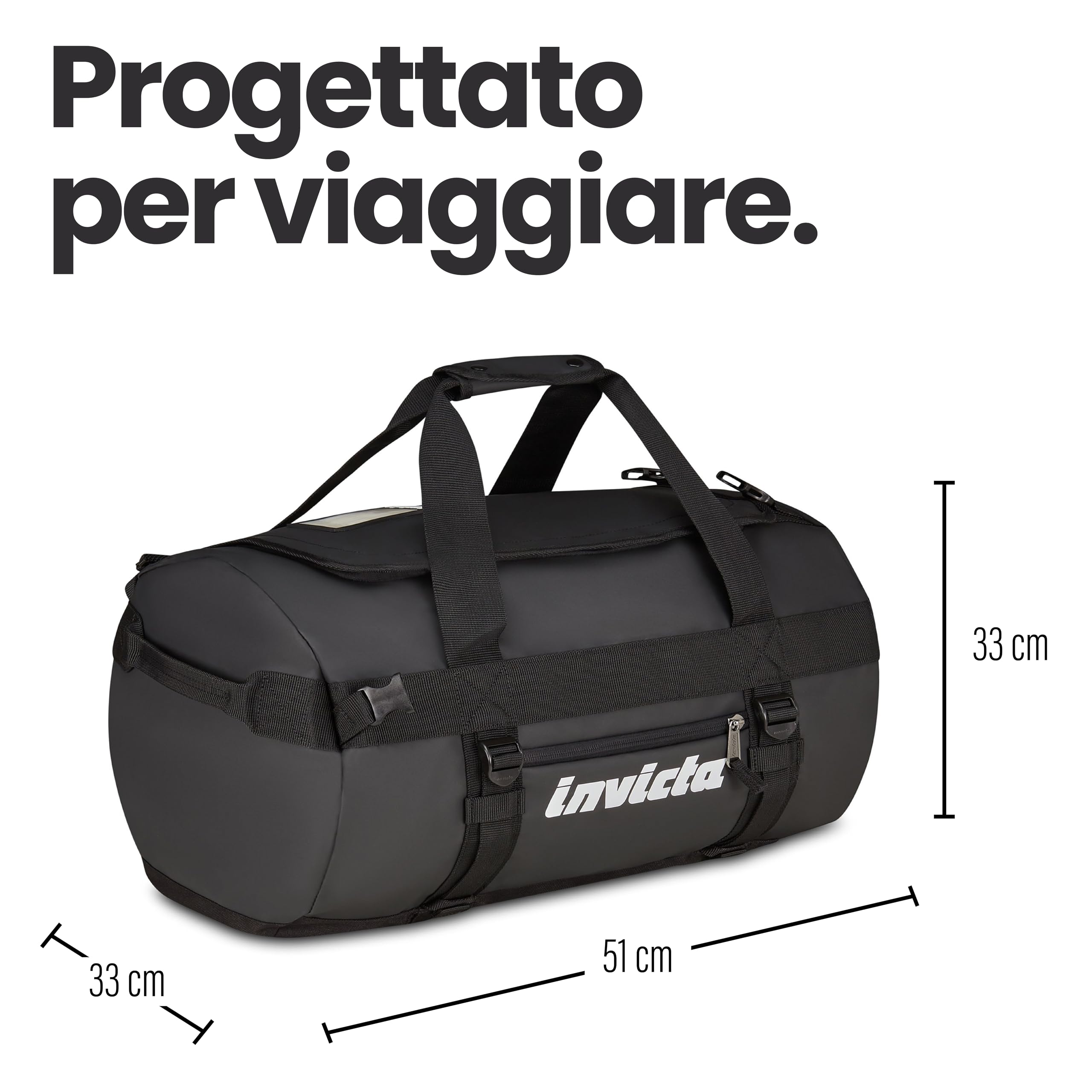 Invicta Zaino da Viaggio 50L – 51x33x33 cm, Nero, Borsone con Spallacci Amovibili, Tasca Interna, Fondo Rinforzato, Apertura Frontale, Passante per Trolley, Bagaglio Aereo Cappelliera, Uomo Donna