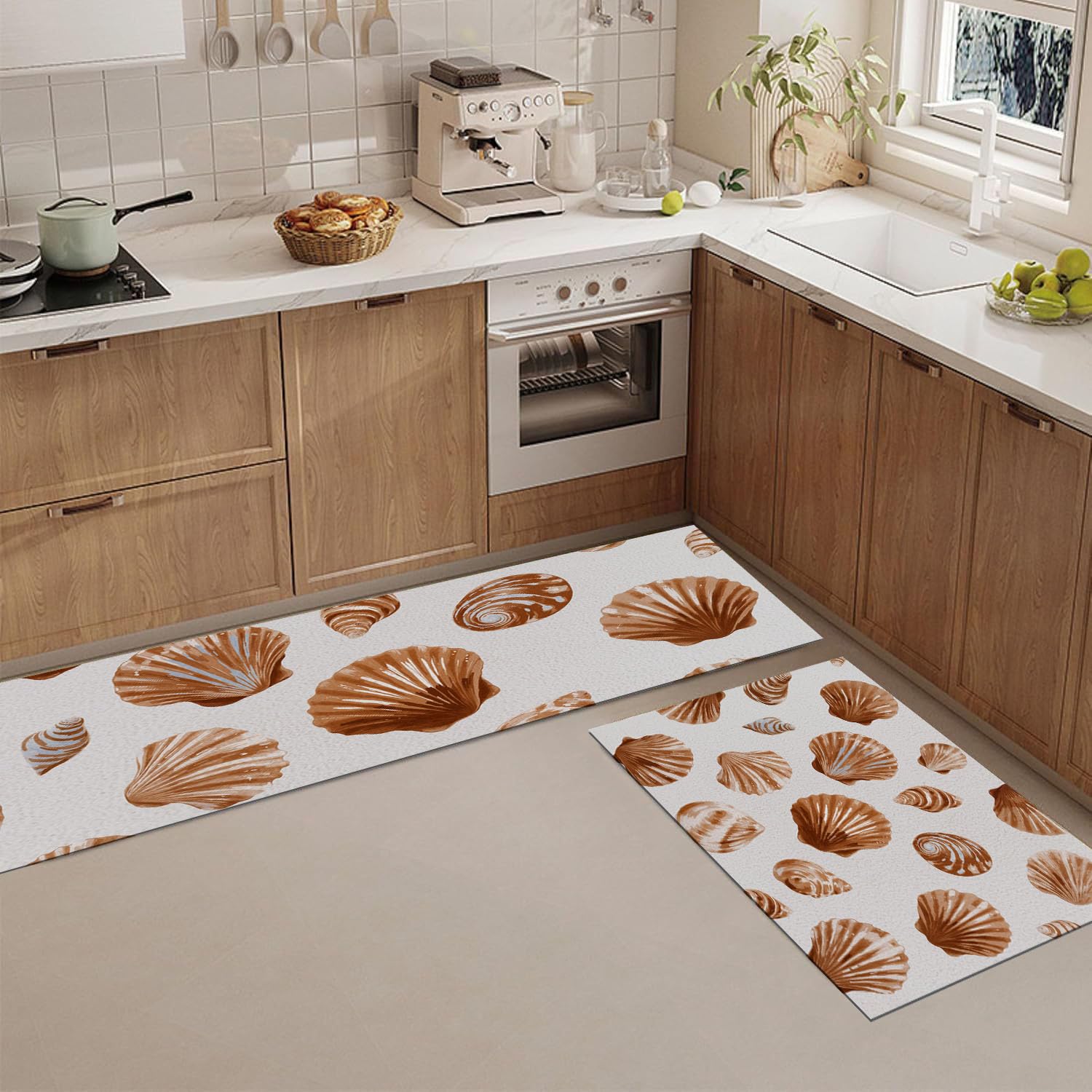 Alfombras de cocina antideslizantes lavables de estilo océano retro beige en pack de 2