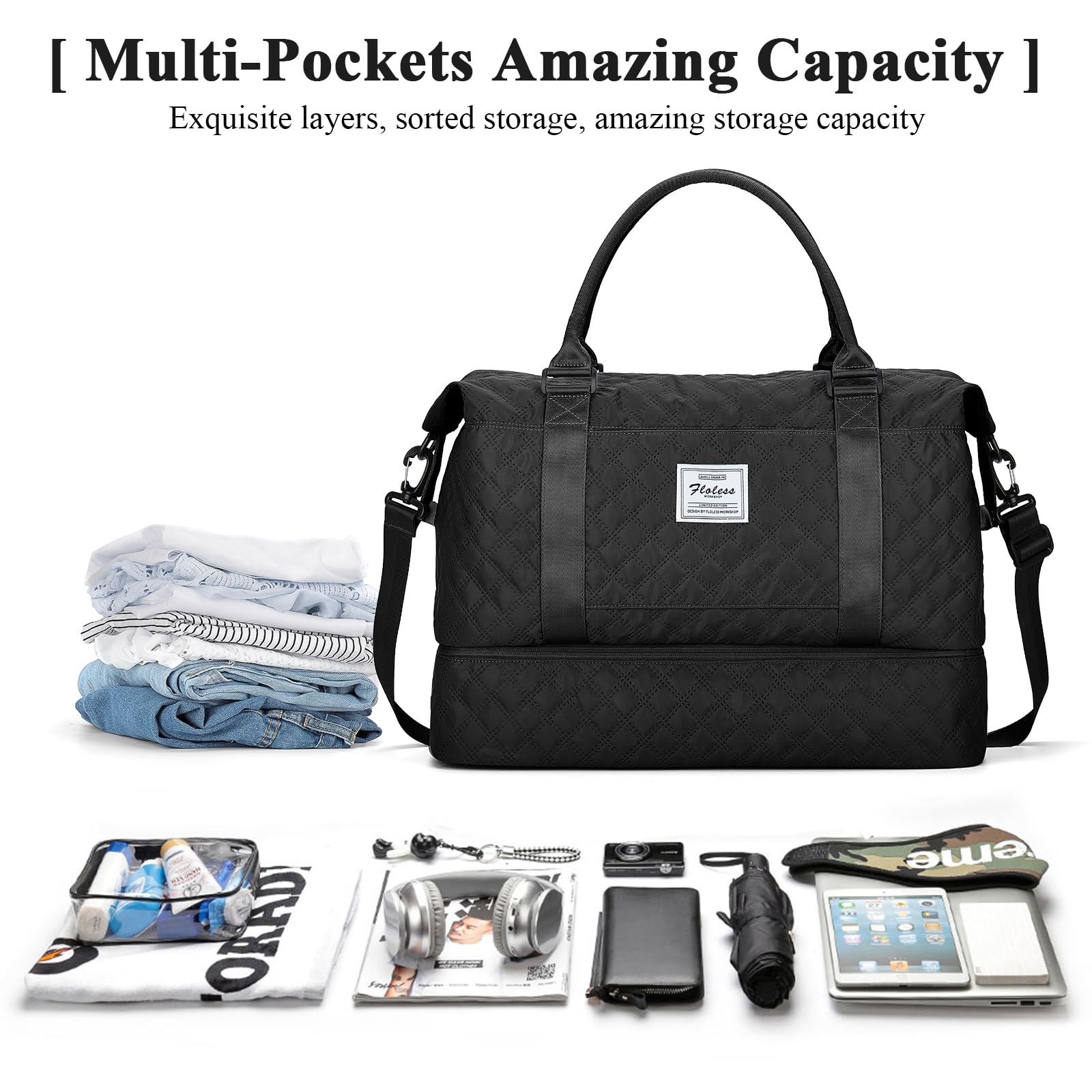 Borsone da Viaggio Donna, Bagaglio a Mano Borsa da Viaggio con Scomparto per le Scarpe, Borsa Sportiva Borsone da Palestra Grande, Borsa da Weekend, Borsa per Ospedale,H1-Nero