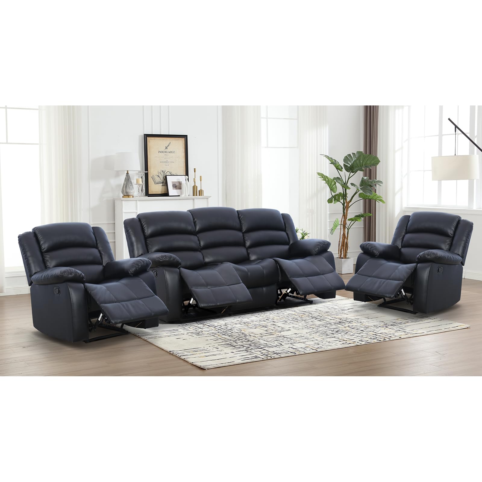 EBELLO Manual Recliner Sofa Set, Faux Leather Reclining Couch Furniture Set for Living Room, Includes 2 Recliner Chair and 1 3-Seater Reclining Couch for Home Theater and Office, Black view 6