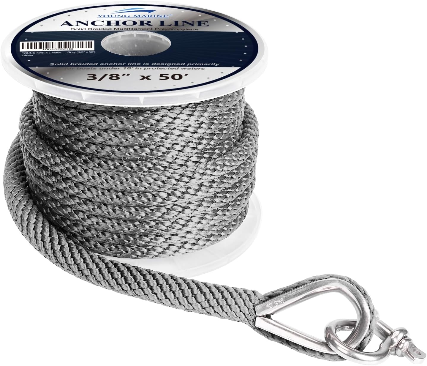 YOUNG MARINE Made 3/8 Inch 100FT 150FT Premium Solid Braid MFP Anchor Line Braided Anchor Rope/Line with Stainless Steel Thimble and Shackle, Grey (3/8" x 50') - Image 3