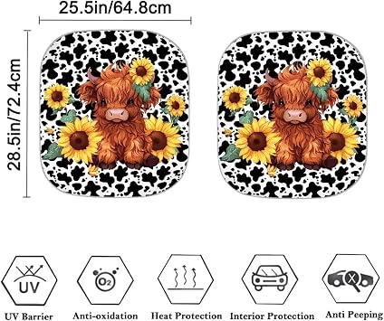 Renewold 2pcs Automotive Windshield Sunshade Reflecting Foldable Front Window Sun Shade Highland Cow Yellow Sunflower Car Shades for Front Windows Easy Install Sun Shield Visor Car Accessories