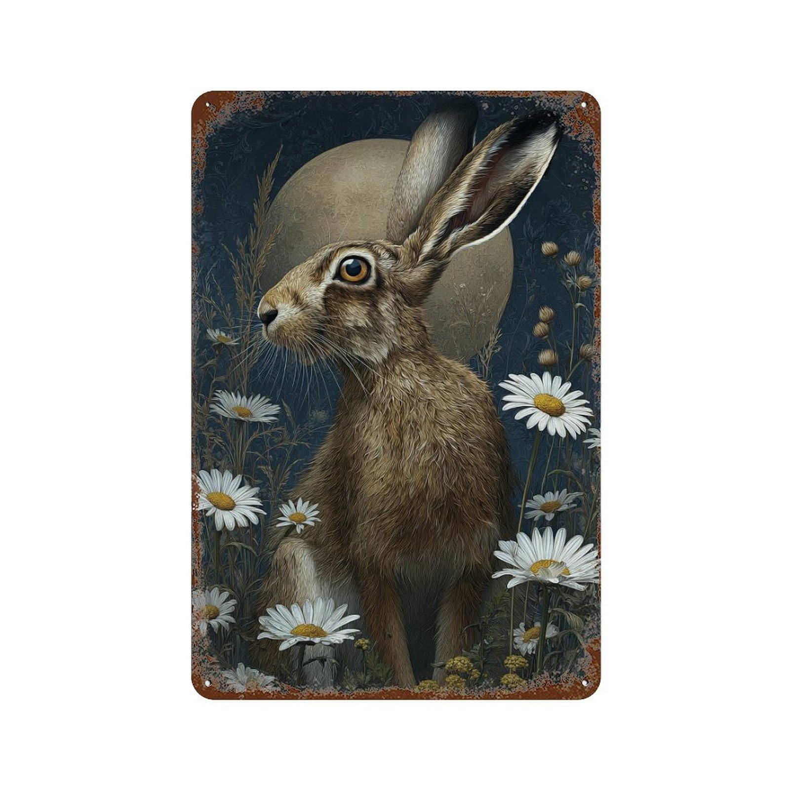 Moonlit Hare in Daisies-1 11.8"x7.9" Aged Metal Wall Plaque, Classic Wall Plaque for Pub, Kitchen And Man Cave Decor