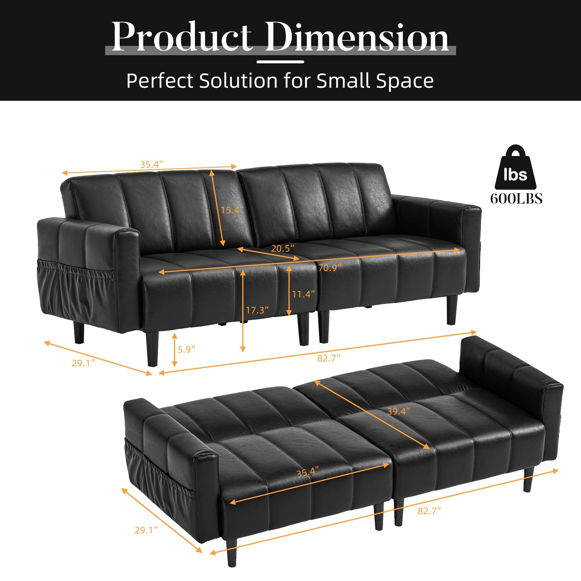 83" Faux Leather Futon Couch,Mid Century Modern Leather Sofa(Black) | Adjustable Backrest,Convertible,Storage Pocket,Wooden&Steel Frame for Office,Living Room,Space-Saving