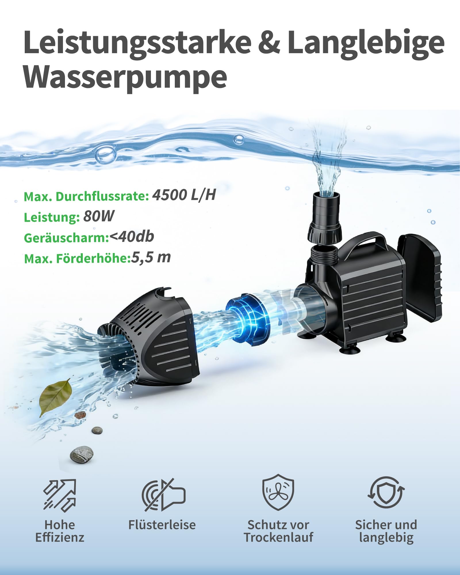POPOSOAP 200C Ensemble de cascade pour étang avec débordement, sortie en acier inoxydable de 20 cm, pompe à eau pour étang de 4500 l/h avec lumières LED, tout-en-un pour étangs de jardin, piscines et