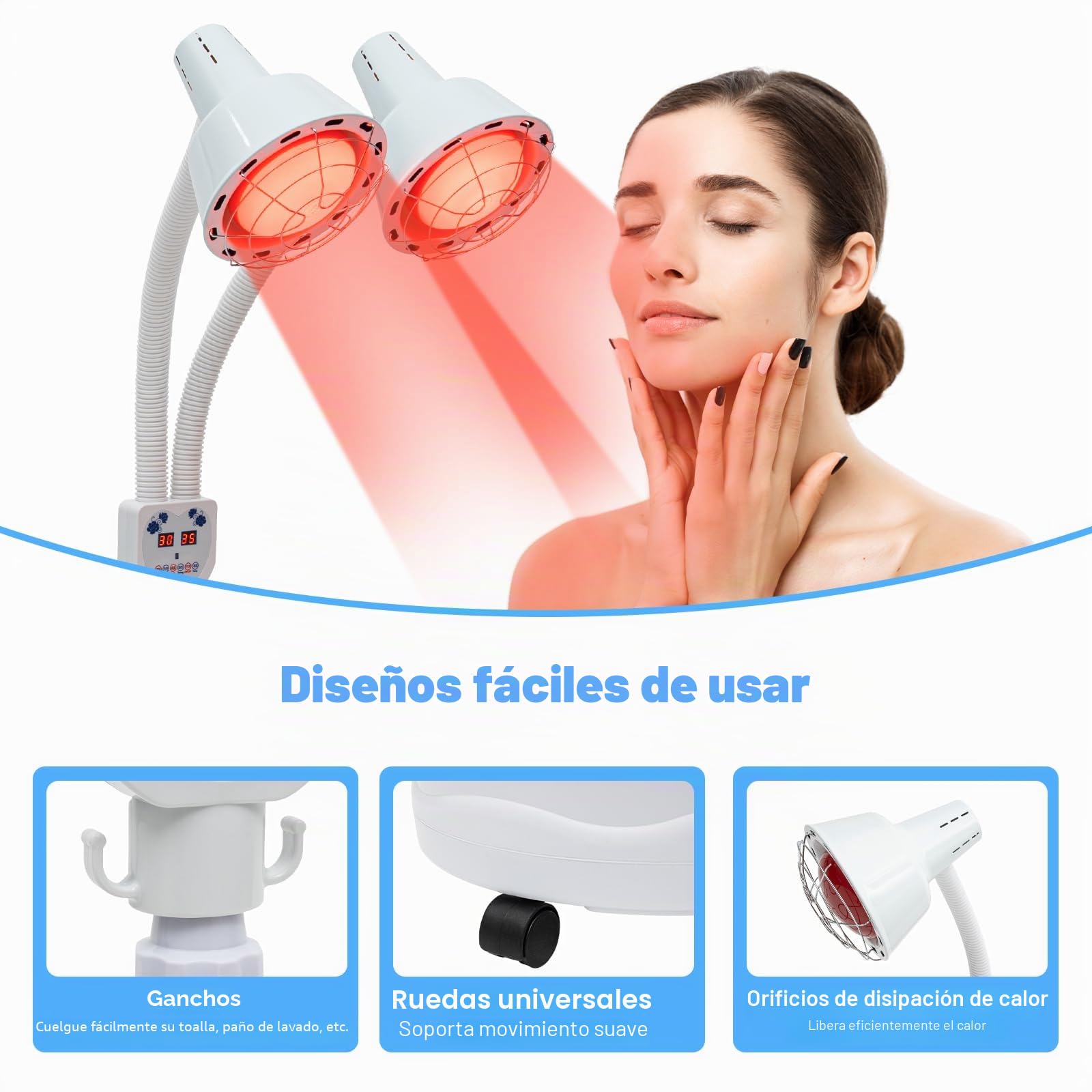 Lámpara de infrarrojo de doble cabeza, 275 W, lámpara de calor y luz, con soporte ajustable y giratorio 360° para mejorar la circulación sanguínea