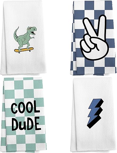 Miniatura 8 de Juego de 4 toallas de mano a cuadros modernos para niños, decoración de baño para niños, regalos de Dinasours, paños de cocina para cocina, paño de