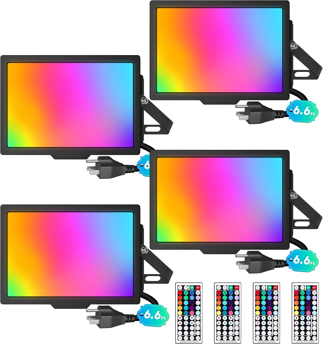 TigQiang 4 Pack 50W RGB Flood Light, IP66 RGB floodlight for Halloween | 4 Remotes, 6.6 Foot Cable, IP66 Waterproof, LED Color Change, 5000K White, Outdoor Uplights for Event, Yard, Landscape, Party