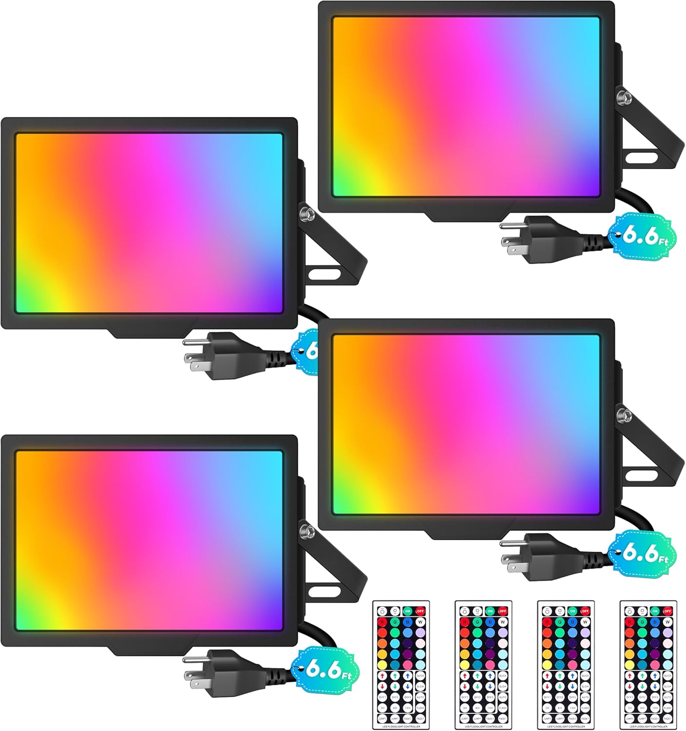 TigQiang 50W RGB Flood Light with Remote & 6.6Ft Cable, Halloween RGB Floodlight, IP66 Waterproof Color Changing Christmas Light, 5000K White LED Floodlight, Outdoor, Uplights for Events, 4 Pack