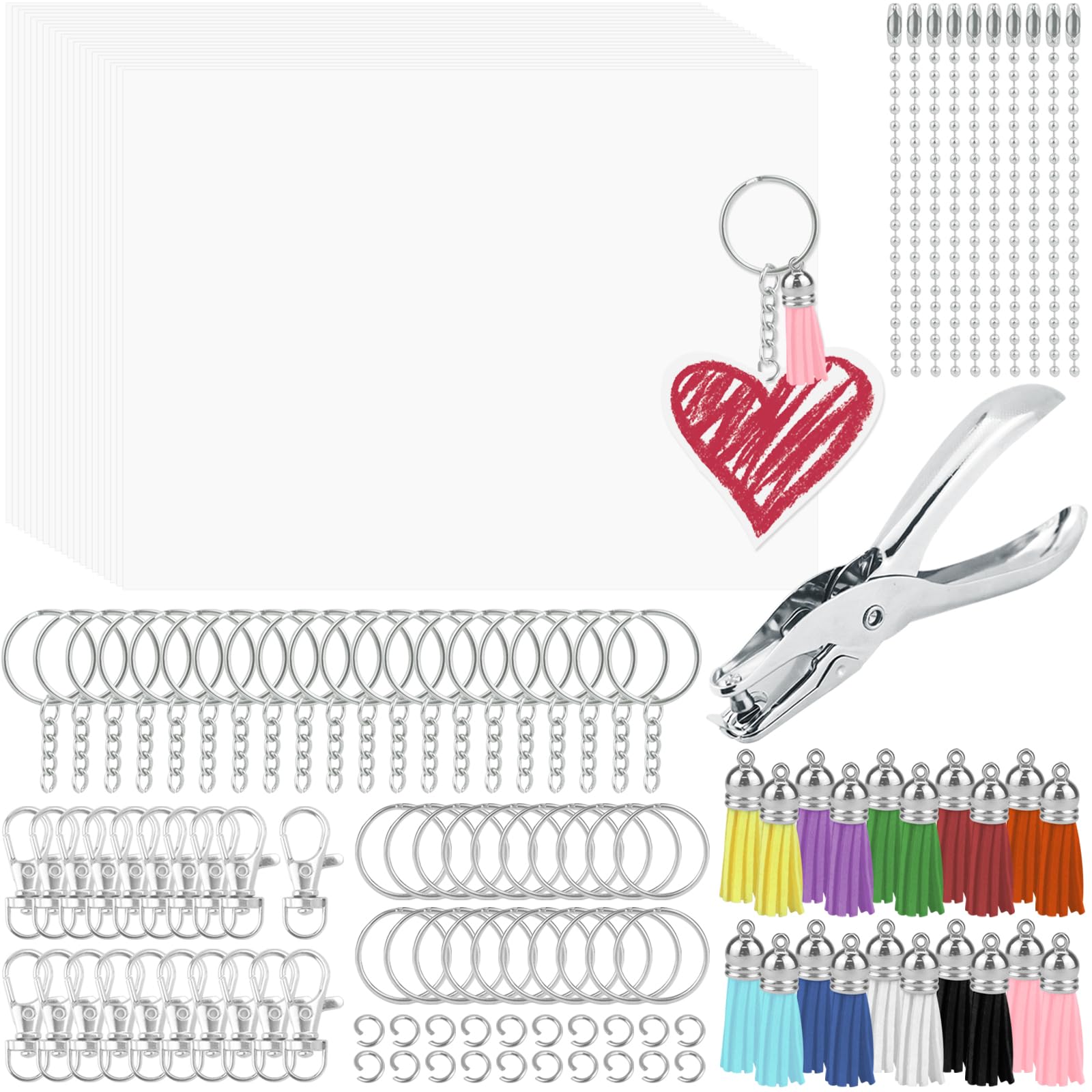 ArtCute 171-teiliges schrumpfendes Kunststoffbögen, Schlüsselanhänger-Set, inklusive Schrumpfpapierbögen mit Schlüsselanhängern, Schlüsselringen, Quasten, Lochstanzer für kreatives Basteln und