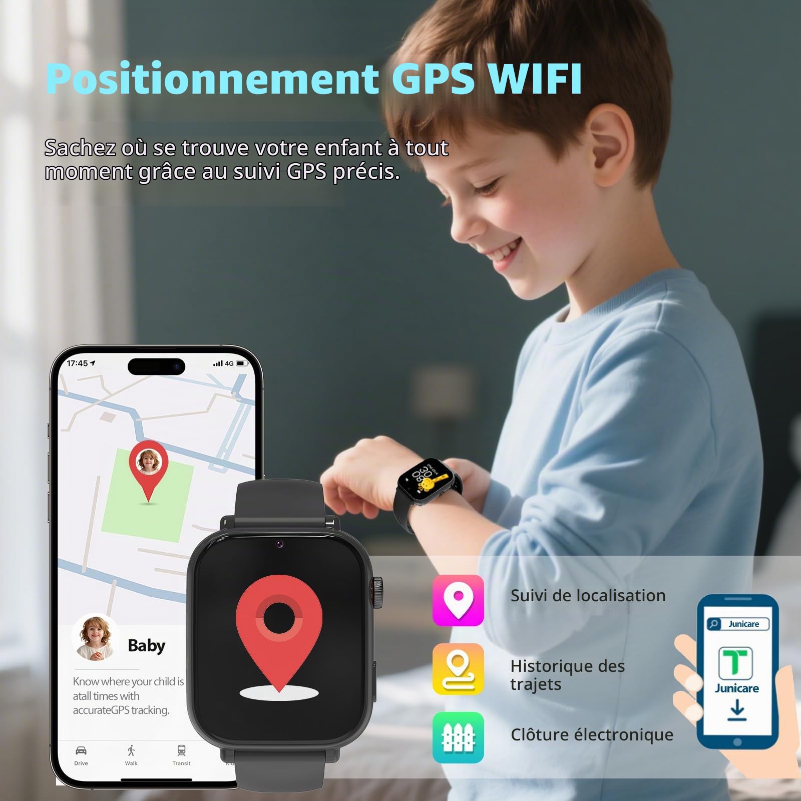 PTHTECHUS Montre Connectée Enfant GPS 4G, Smartwatch Téléphone pour Filles Garçons avec Appel SOS Podomètre Vidéo Mode Classe, Montre Cadeau pour Enfants 5-12 Ans (Noir)