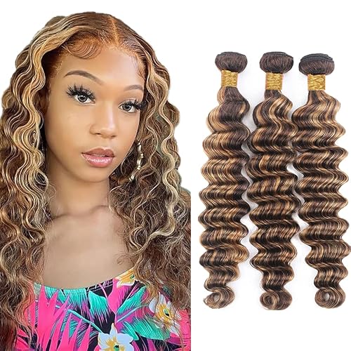 300g Honey Blonde Bundles Highlight Deep Wave Bundle Human Hair Brazilian Virgin Hair 3 Bundles 24 26 28 Inch P4/27 Deep Wave Bundle