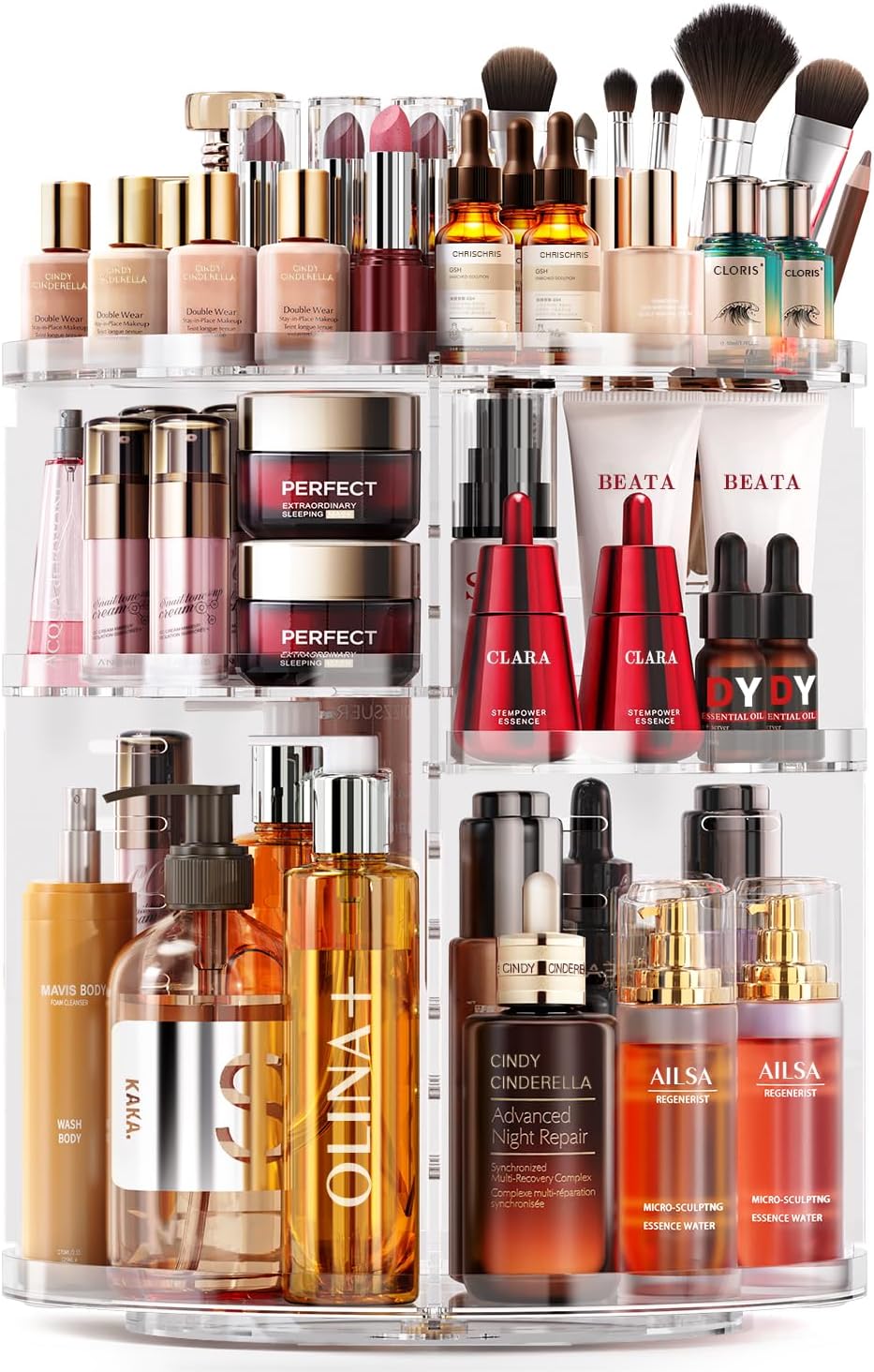 Rotating Makeup Organizer, DIY 7 Adjustable Layers Spinning Skincare Organizer, Bathroom Organizer with Brush Holder Perfume Tray, Multi-Function Storage Carousel for Vanity Bathroom Countertop
